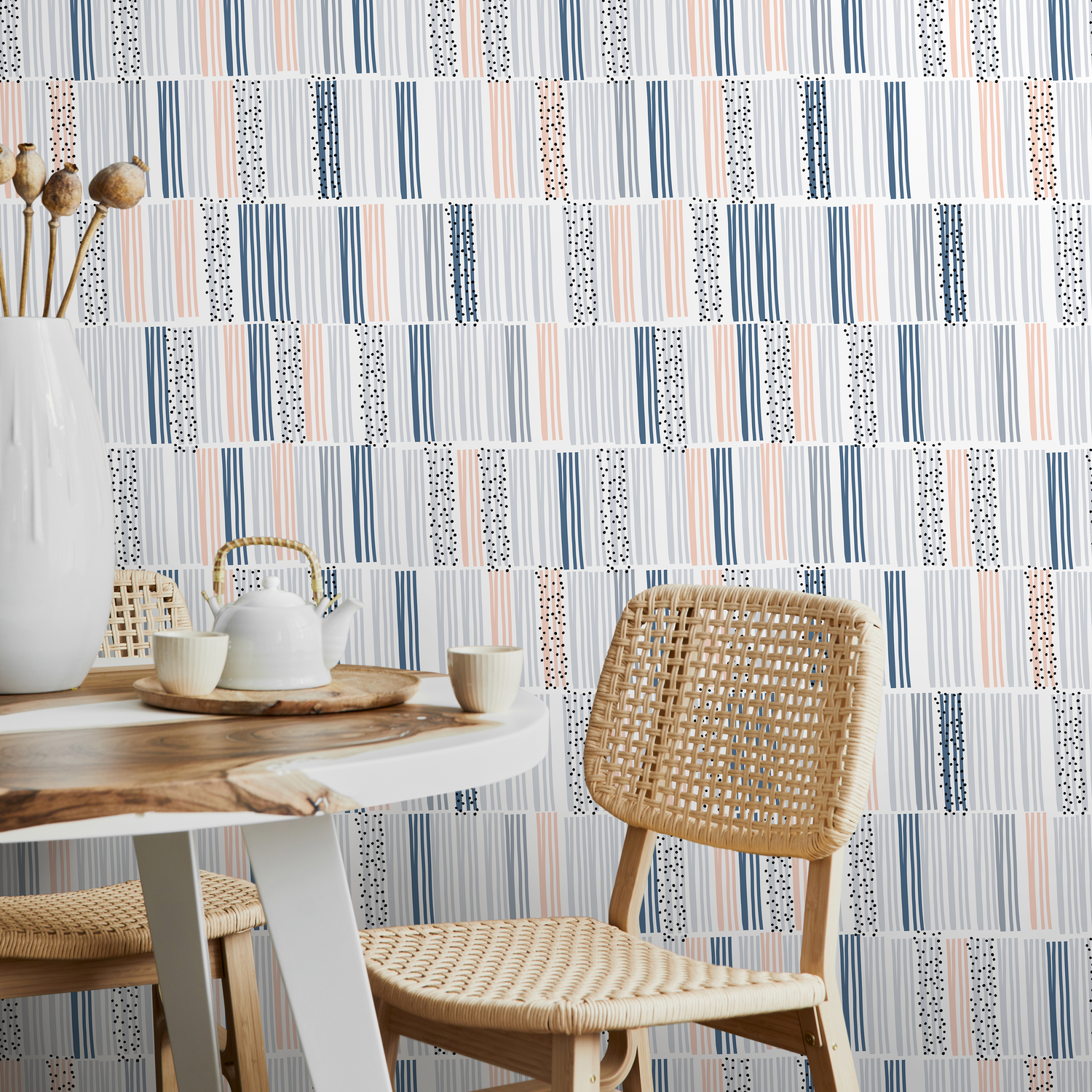 Abstract Wallpaper with Irregular Stripes and Dots in Blue, Gray, and Peach - A025