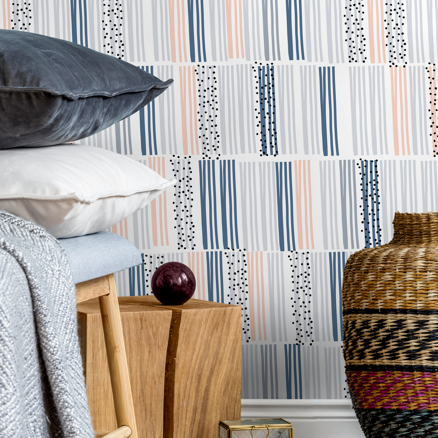 Abstract Wallpaper with Irregular Stripes and Dots in Blue, Gray, and Peach - A025