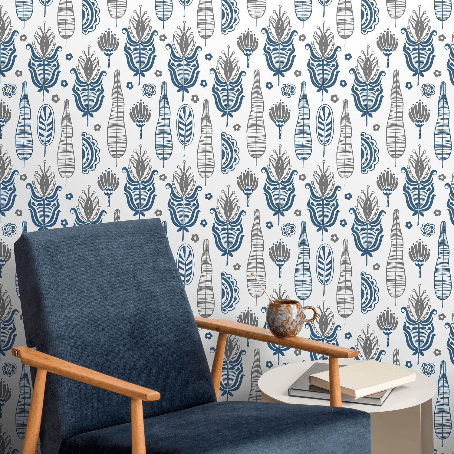 Folk Art Wallpaper with Stylized Floral Motifs in Blue and Gray - A031