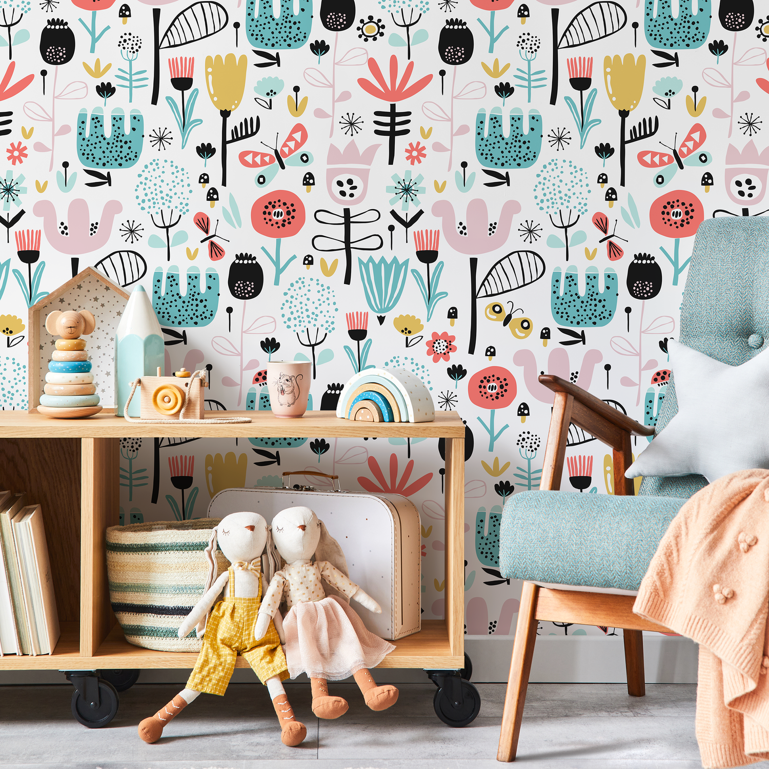 Scandinavian Wallpaper with Folk Art Flowers in Teal, Coral, and Yellow - A038