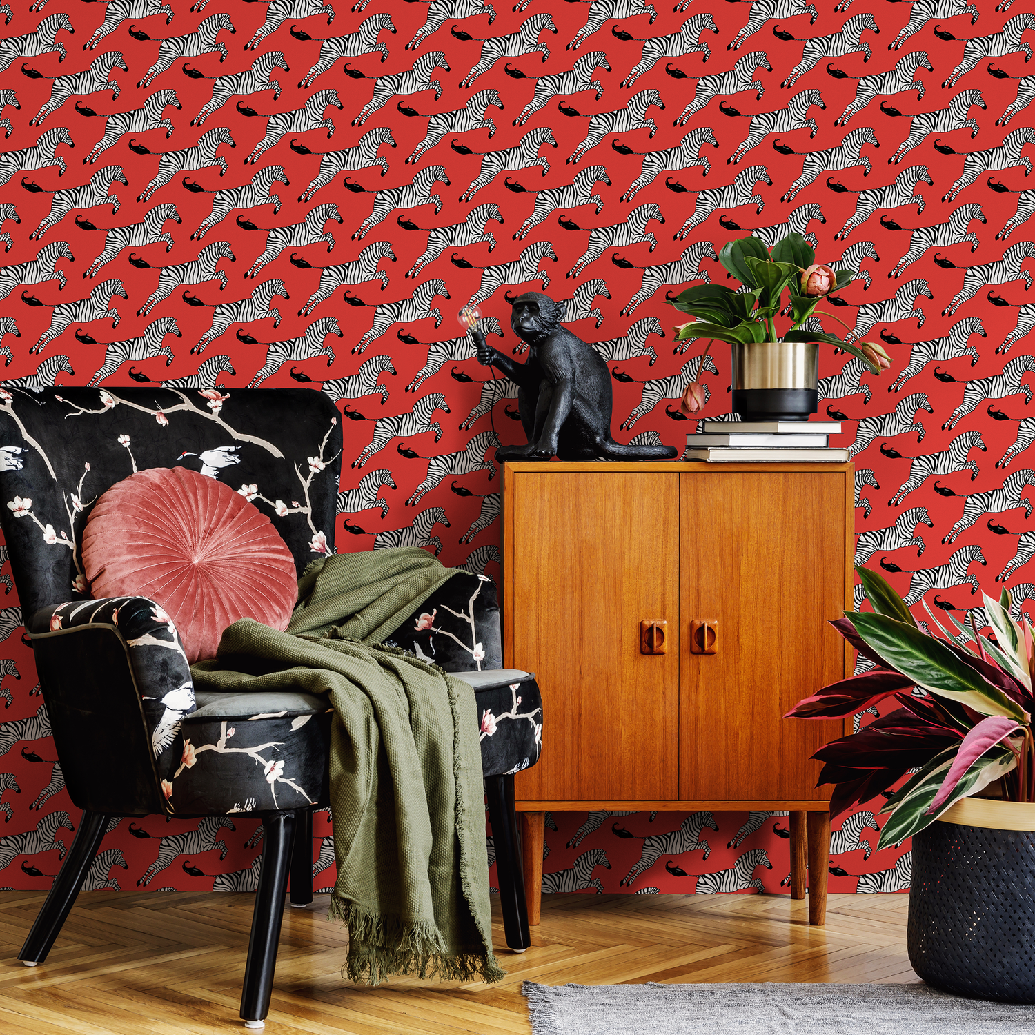 Animal Wallpaper with a Leaping Zebra Motif in Red, Black, and White - A050