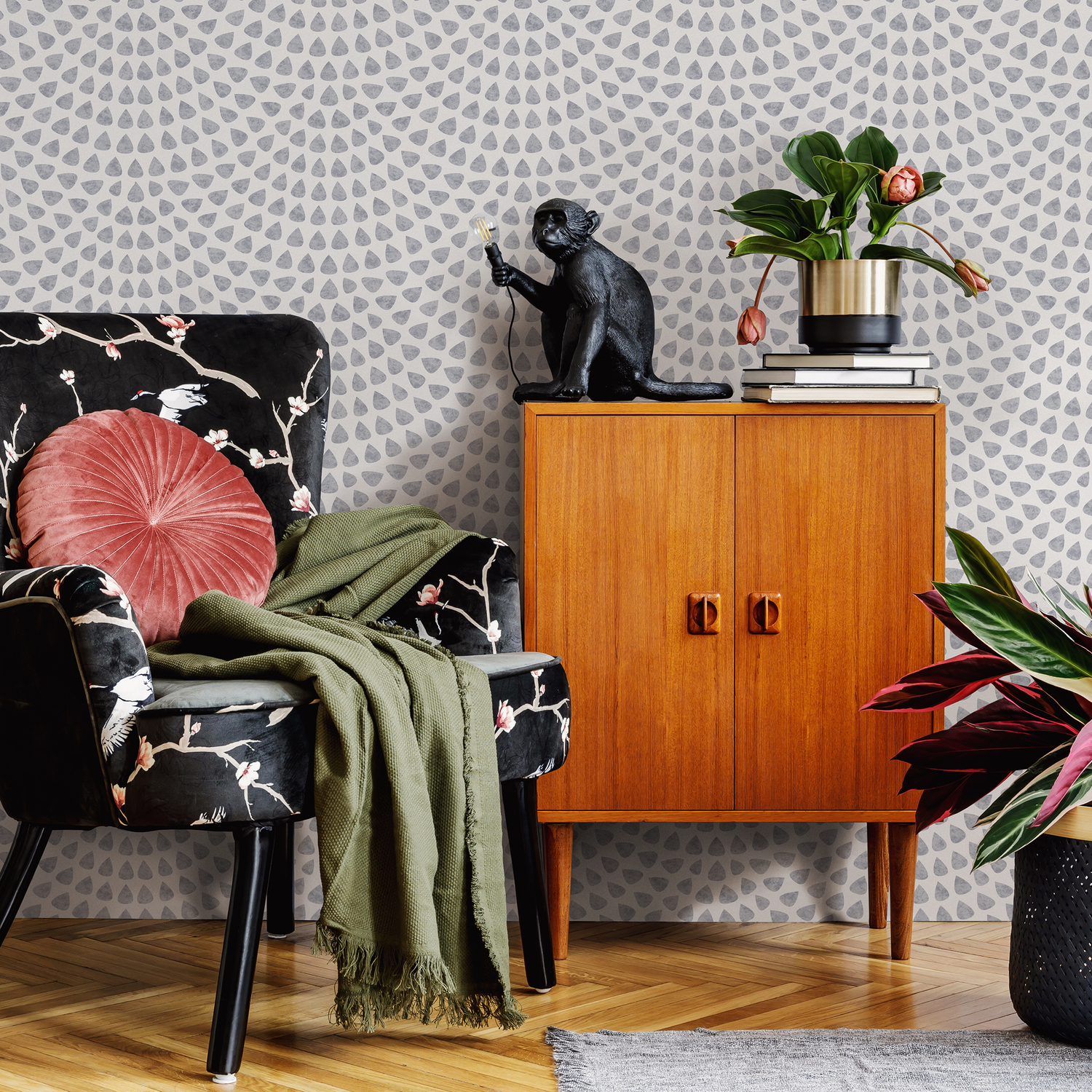 Abstract Wallpaper with a Scalloped Teardrop Motif in Gray - A064