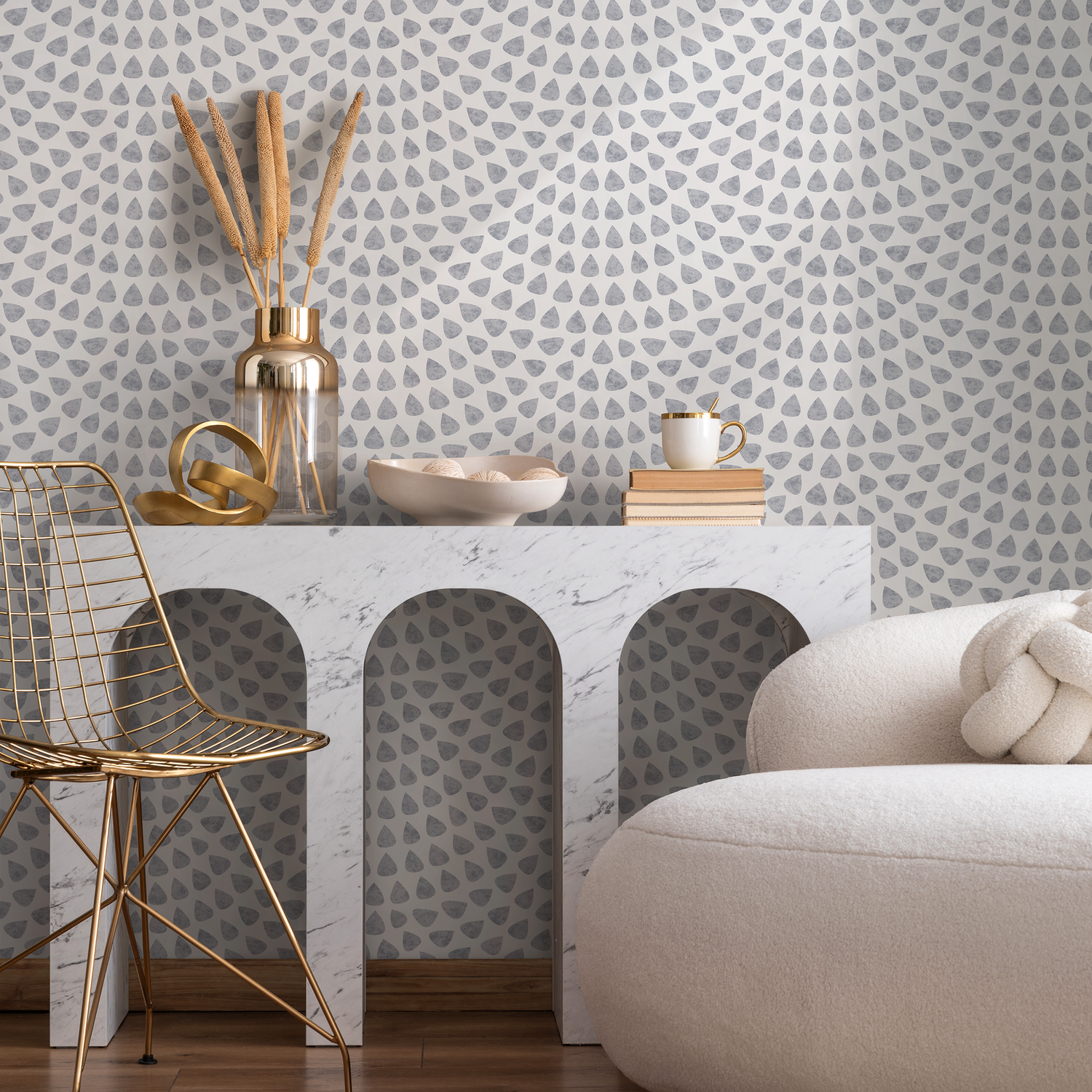 Abstract Wallpaper with a Scalloped Teardrop Motif in Gray - A064