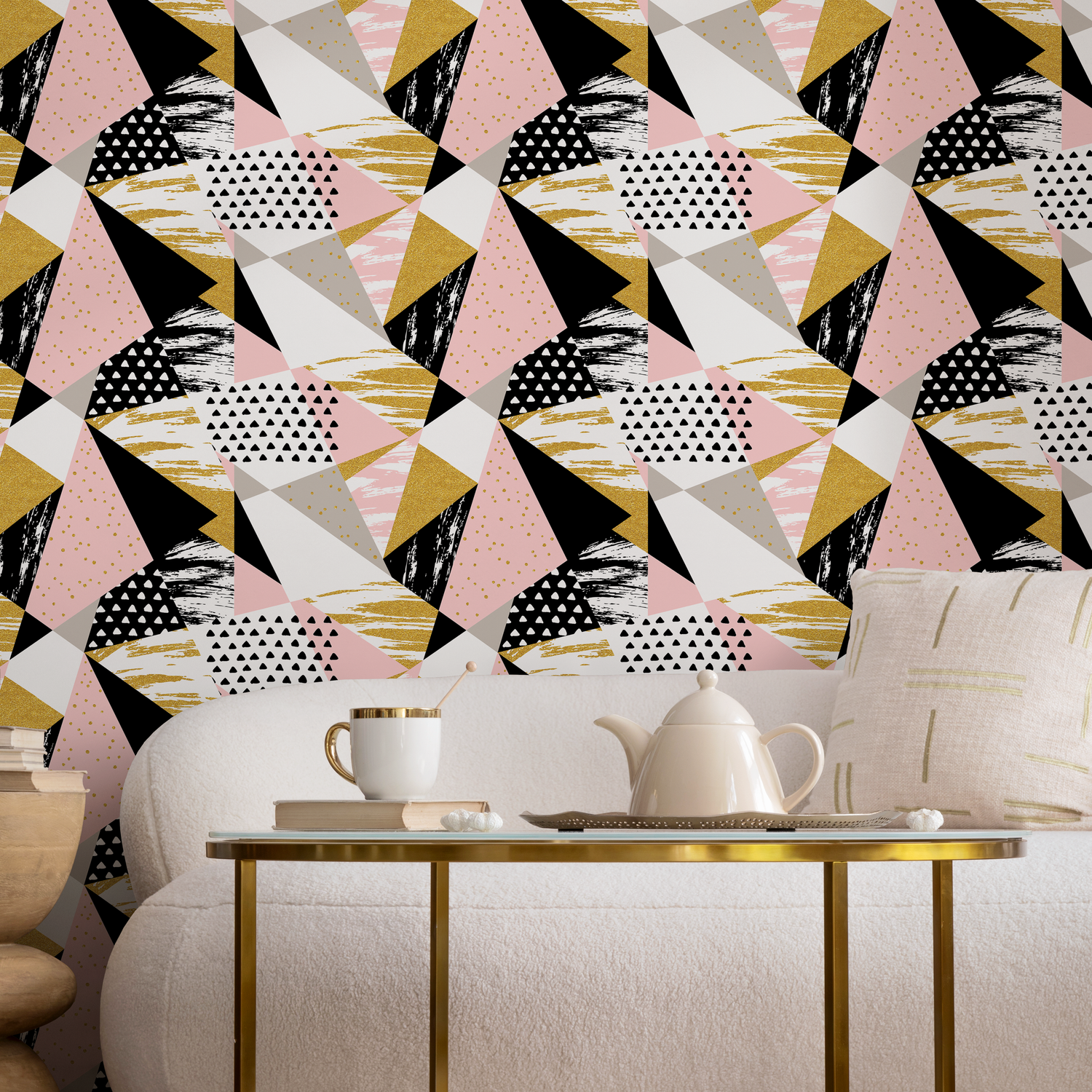Geometric Wallpaper with a Textured Triangle Collage in Pink, Gold, and Black - A073