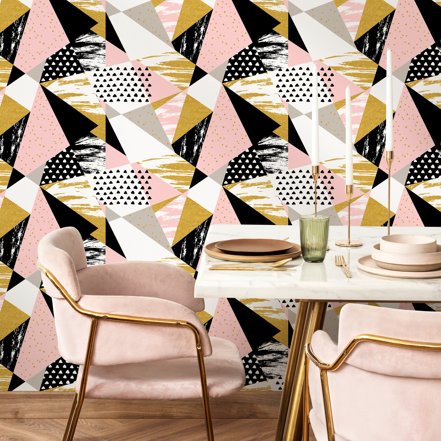 Geometric Wallpaper with a Textured Triangle Collage in Pink, Gold, and Black - A073