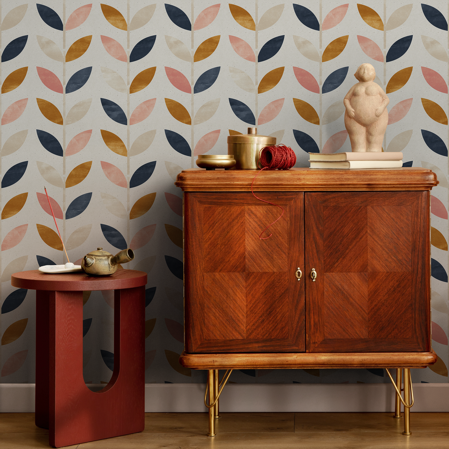 Scandinavian Wallpaper Featuring Stylized Leaves in Navy, Pink, and Ochre - A096