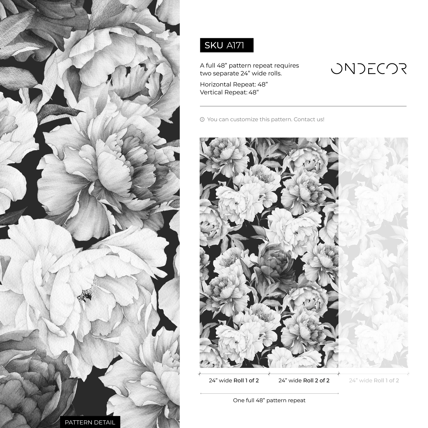 Black and White Vintage Peony Wallpaper Peel and Stick and Traditional Wallpaper - A171