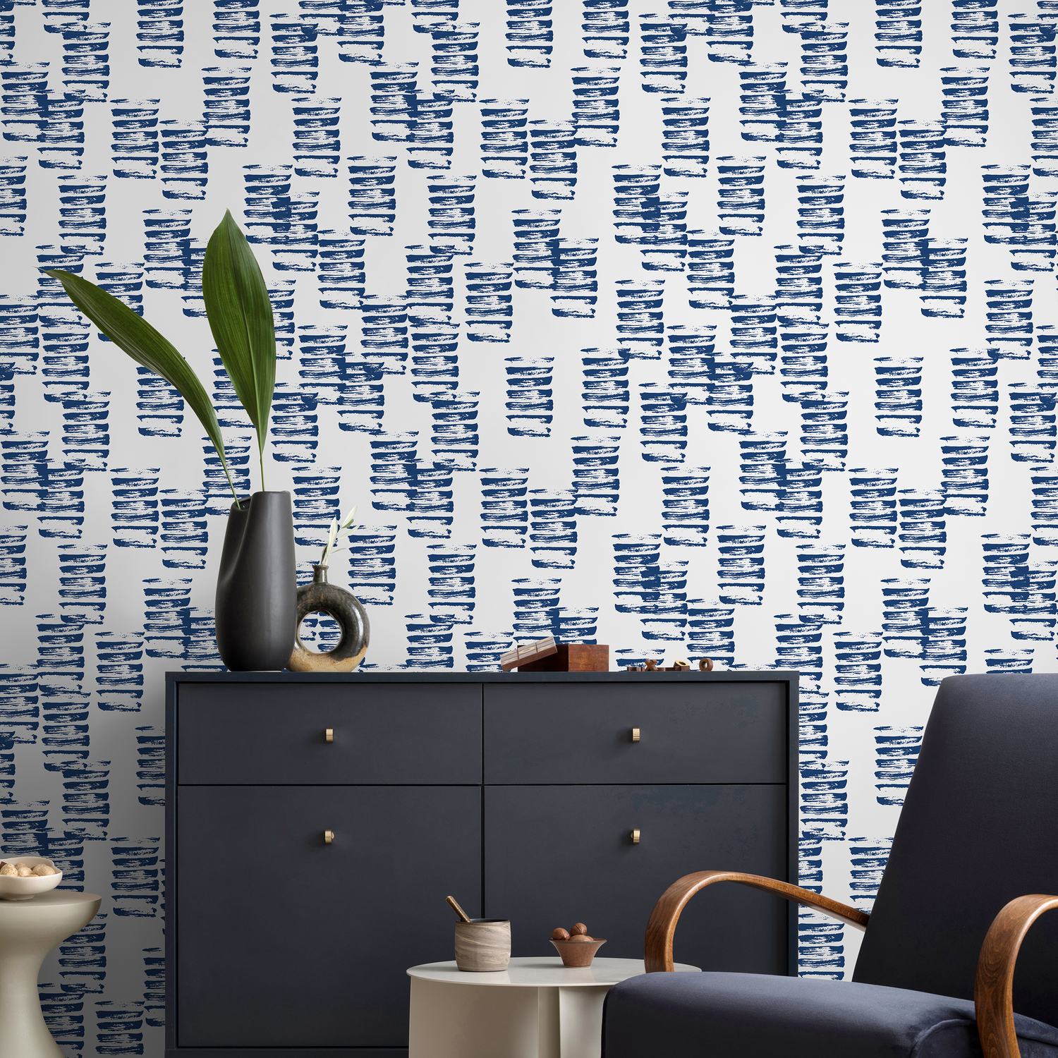 Papier peint décoratif mural, papier peint autocollant, papier peint amovible, décoration d'intérieur, décoration de chambre / Papier peint contemporain à motifs de coups de pinceau bleus - A195