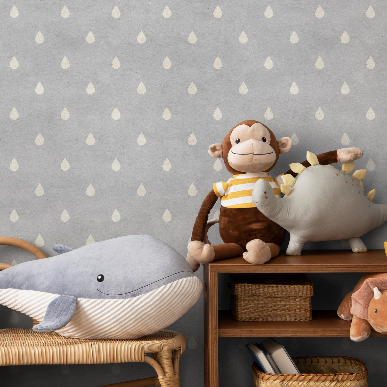 Water Drop Wallpaper with a Minimalist Teardrop Pattern in Gray and Cream - A298