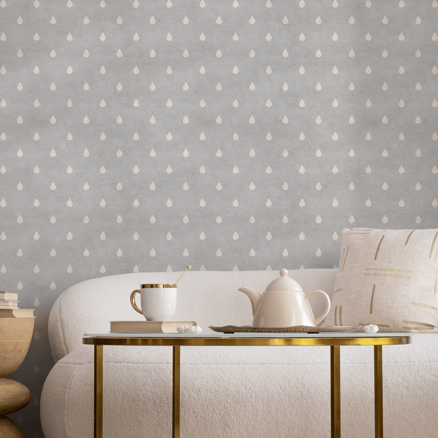 Water Drop Wallpaper with a Minimalist Teardrop Pattern in Gray and Cream - A298