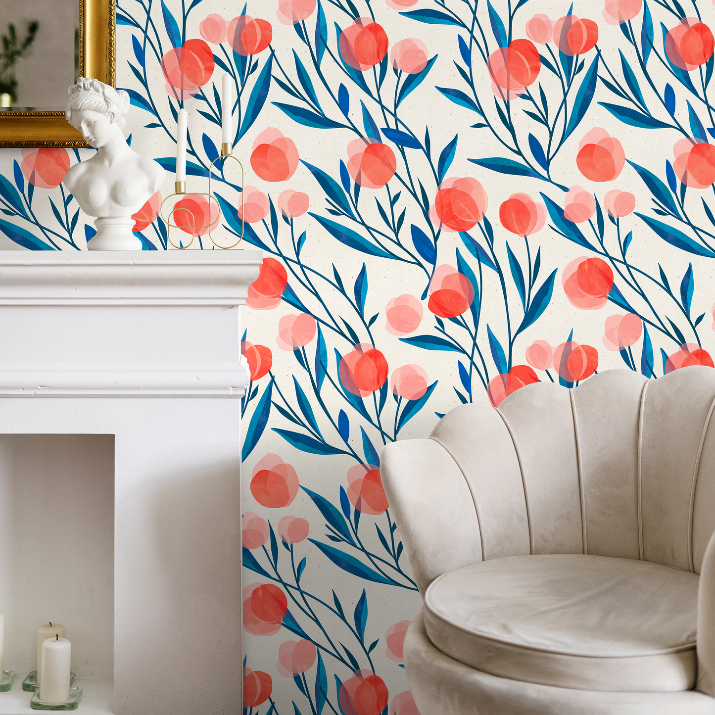 Boho Floral, Removable Wallpaper, Watercolor Leaves, Botanical, Temporary Wallpaper, Spring Pattern, Wall Paper Removable, Wallpaper - A323