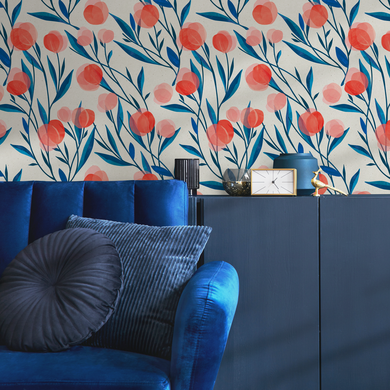 Floral Wallpaper Featuring Stylized Flower Buds in Red and Blue - A323