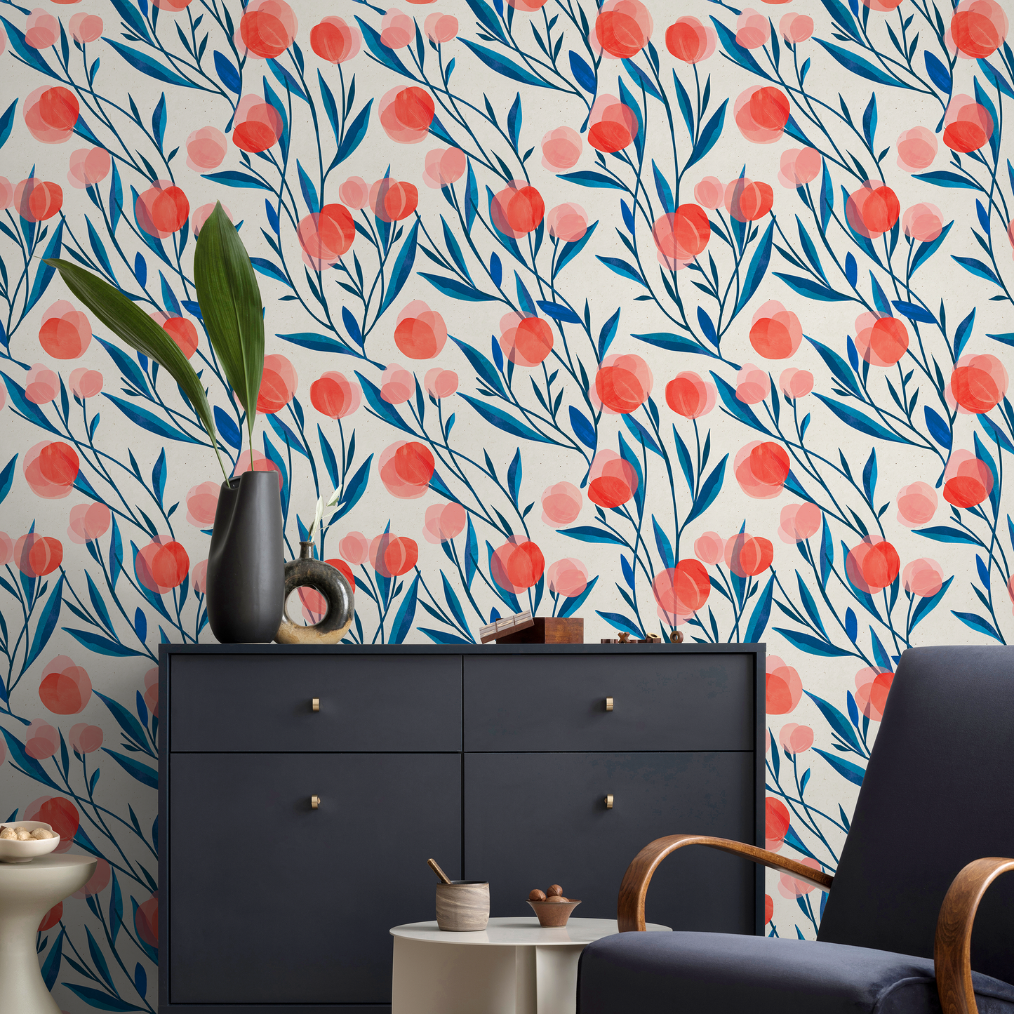 Boho Floral, Removable Wallpaper, Watercolor Leaves, Botanical, Temporary Wallpaper, Spring Pattern, Wall Paper Removable, Wallpaper - A323