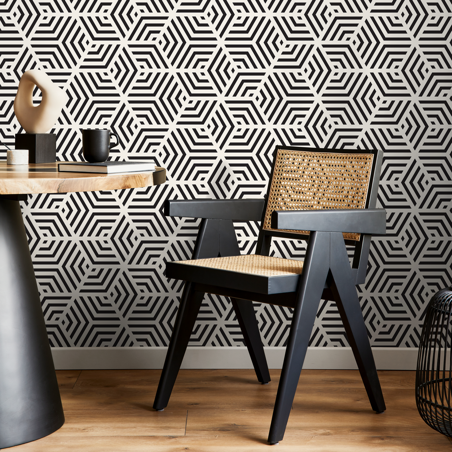 Geometric Wallpaper with a 3D Cube Motif in Black and Cream - A331