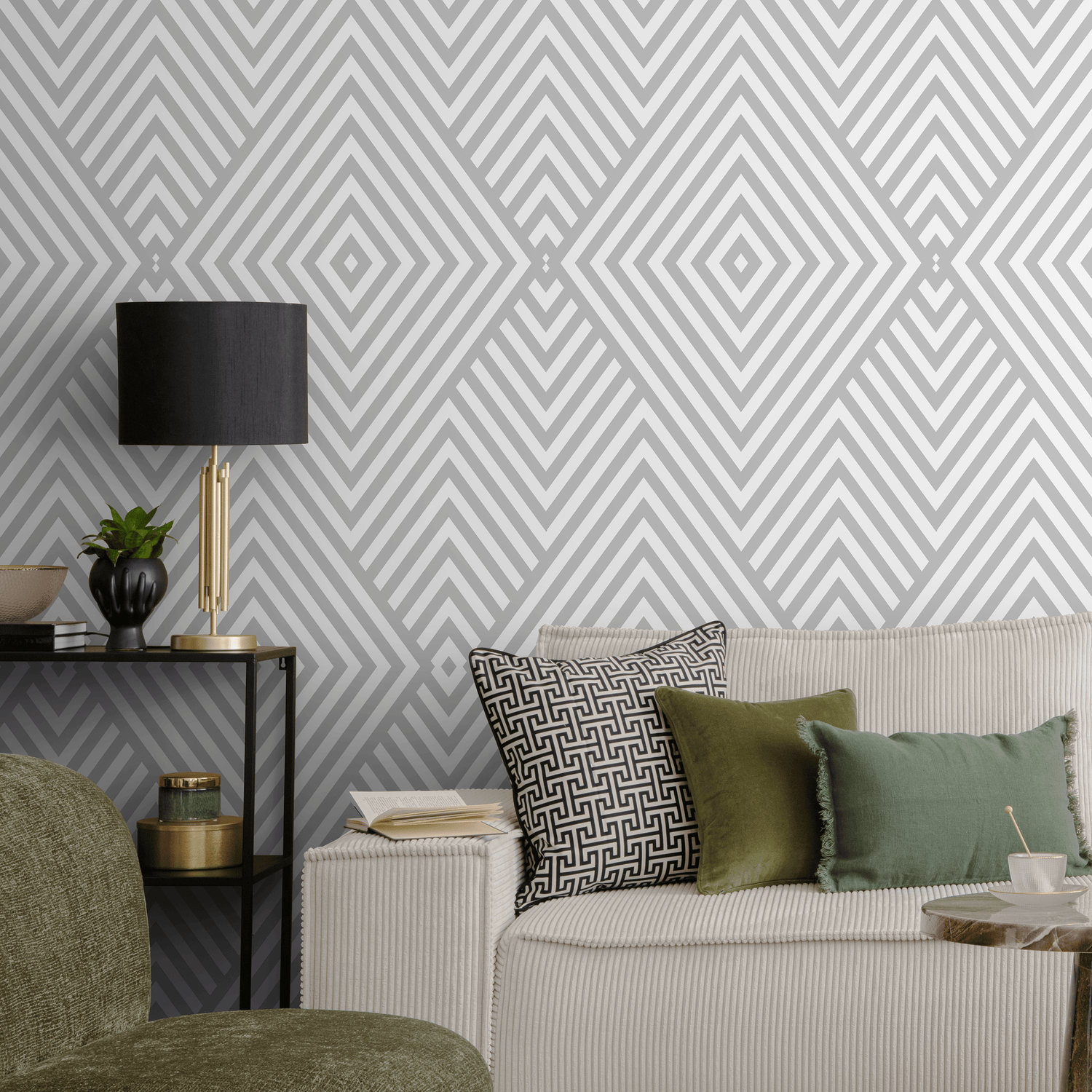 Geometric Wallpaper with a Striped Diamond Motif in Light Gray - A335