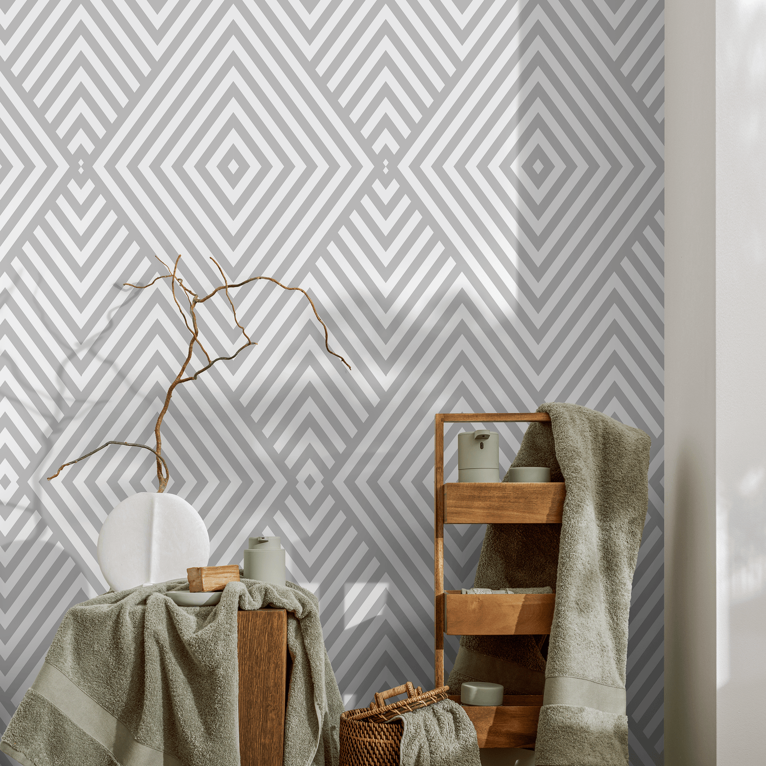 Geometric Wallpaper with a Striped Diamond Motif in Light Gray - A335