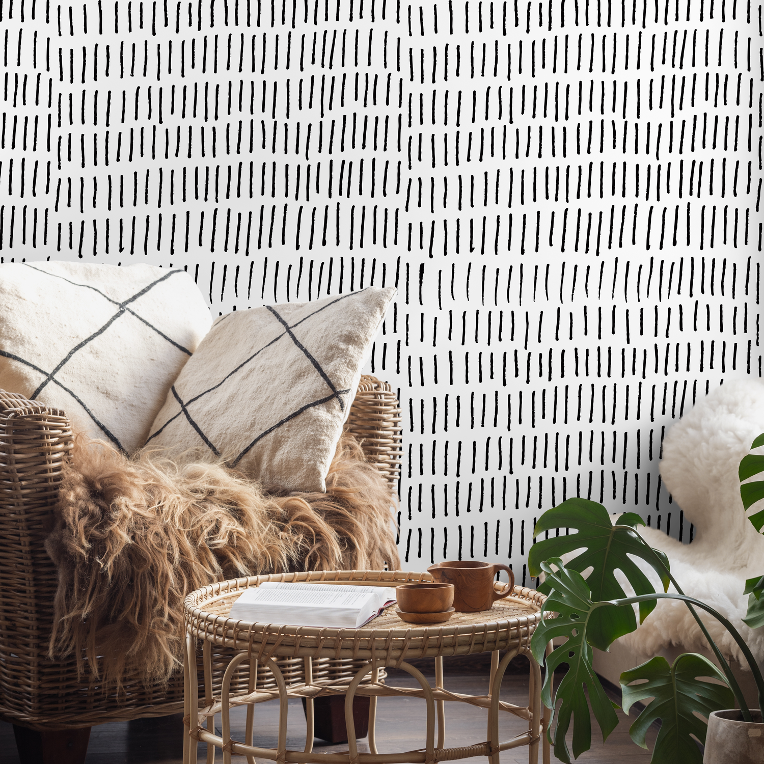 Minimalist Wallpaper with Hand-Drawn Vertical Lines in Black and White - A352