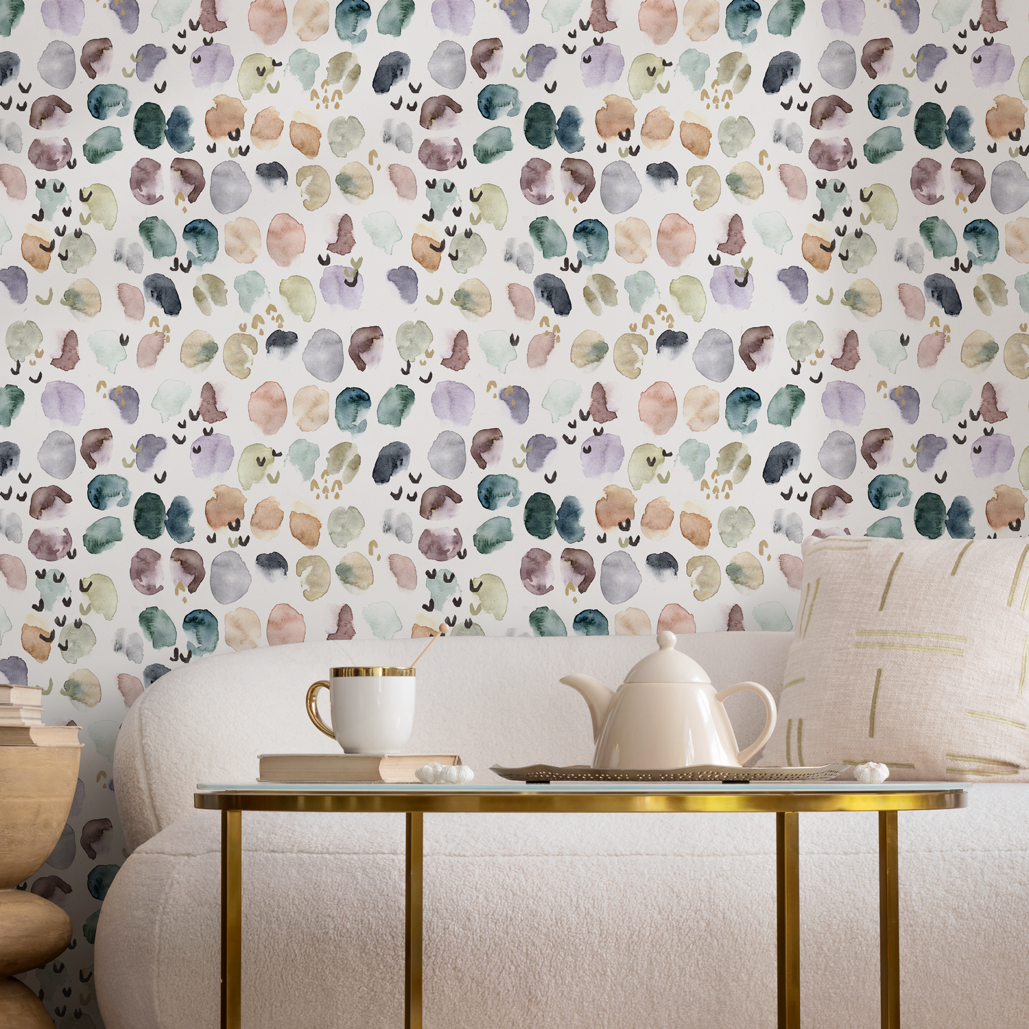 Abstract Wallpaper with Painterly Watercolor Spots in Green, Pink, and Purple - A356