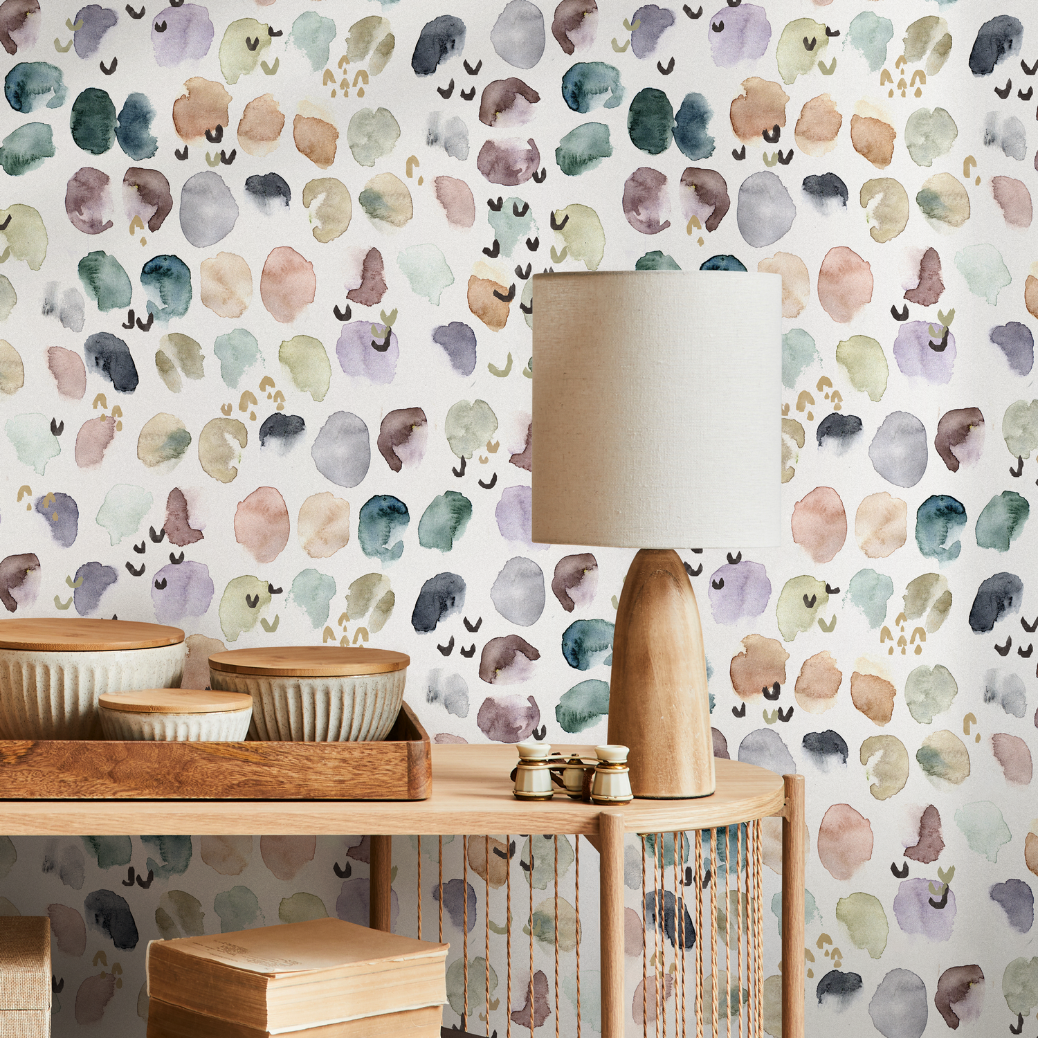 Abstract Wallpaper with Watercolor Dots in Teal, Purple, and Rose - A356