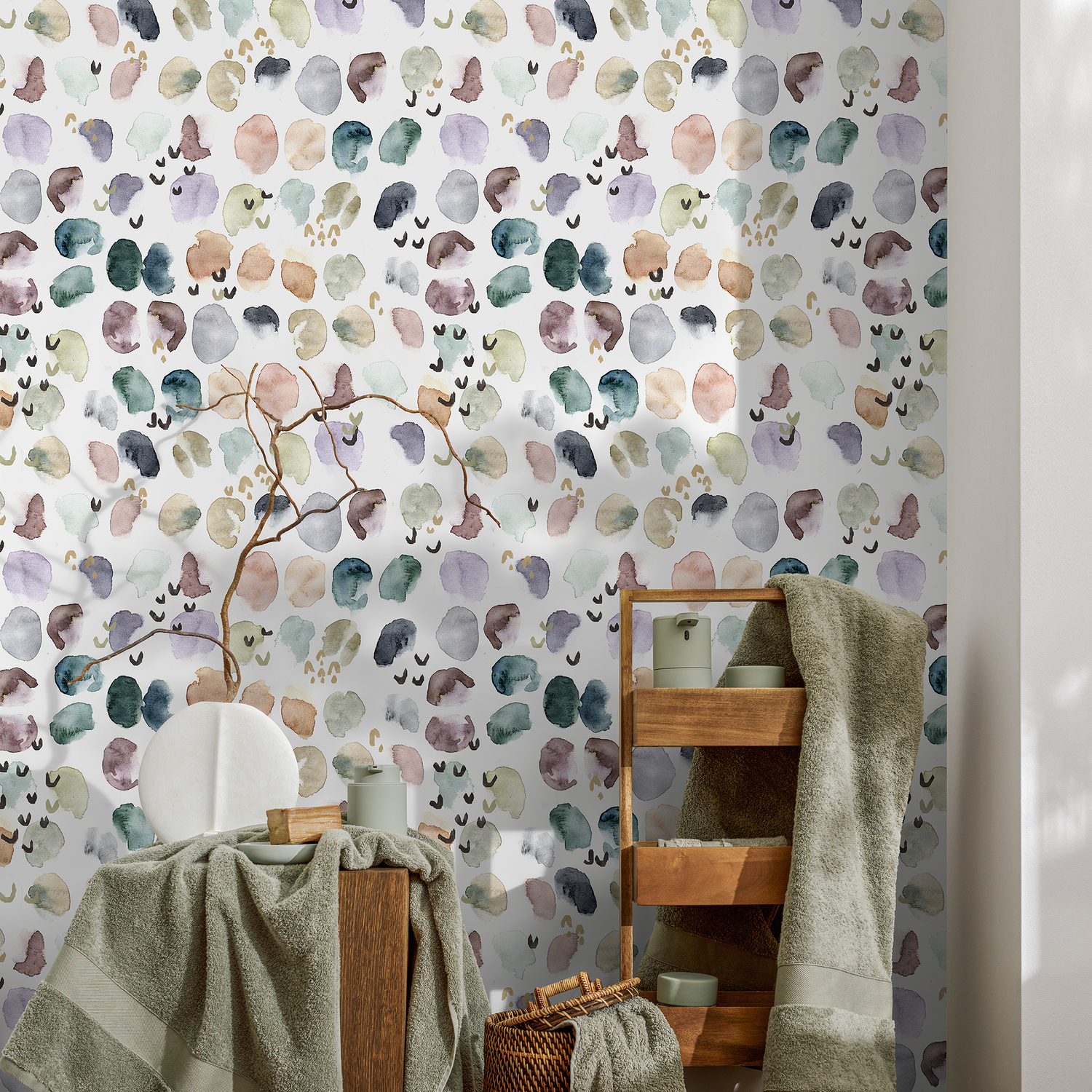Abstract Wallpaper with Painterly Watercolor Spots in Green, Pink, and Purple - A356