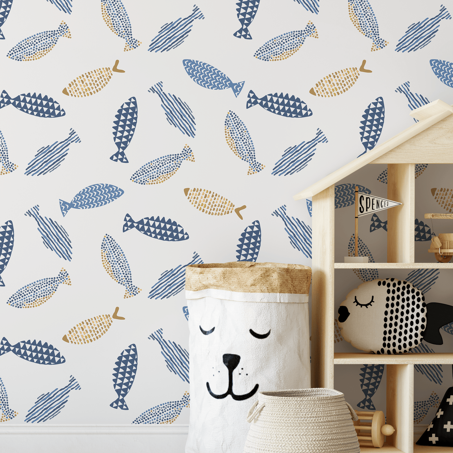 Scandinavian Wallpaper with a Minimalist Fish Motif in Blue and Gold - A409
