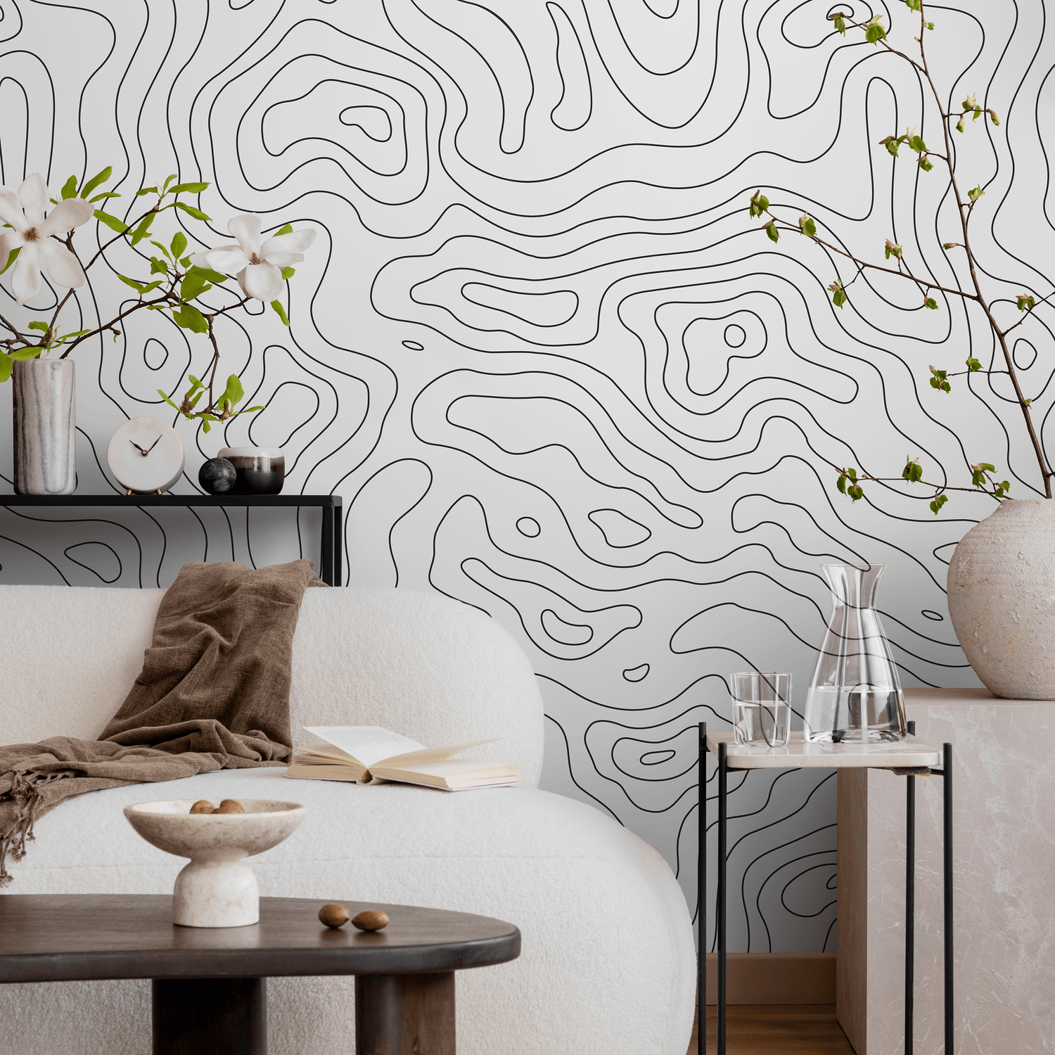 Abstract Wallpaper with Topographic Contour Lines in Black and White - A420