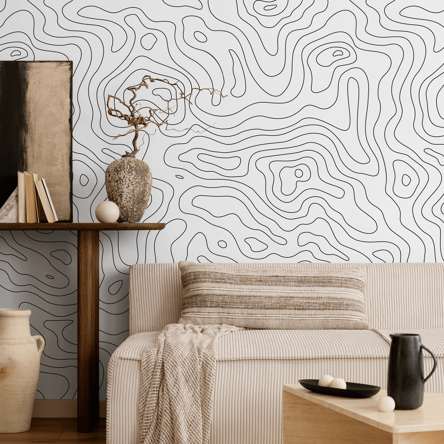 Abstract Wallpaper with Topographic Contour Lines in Black and White - A420