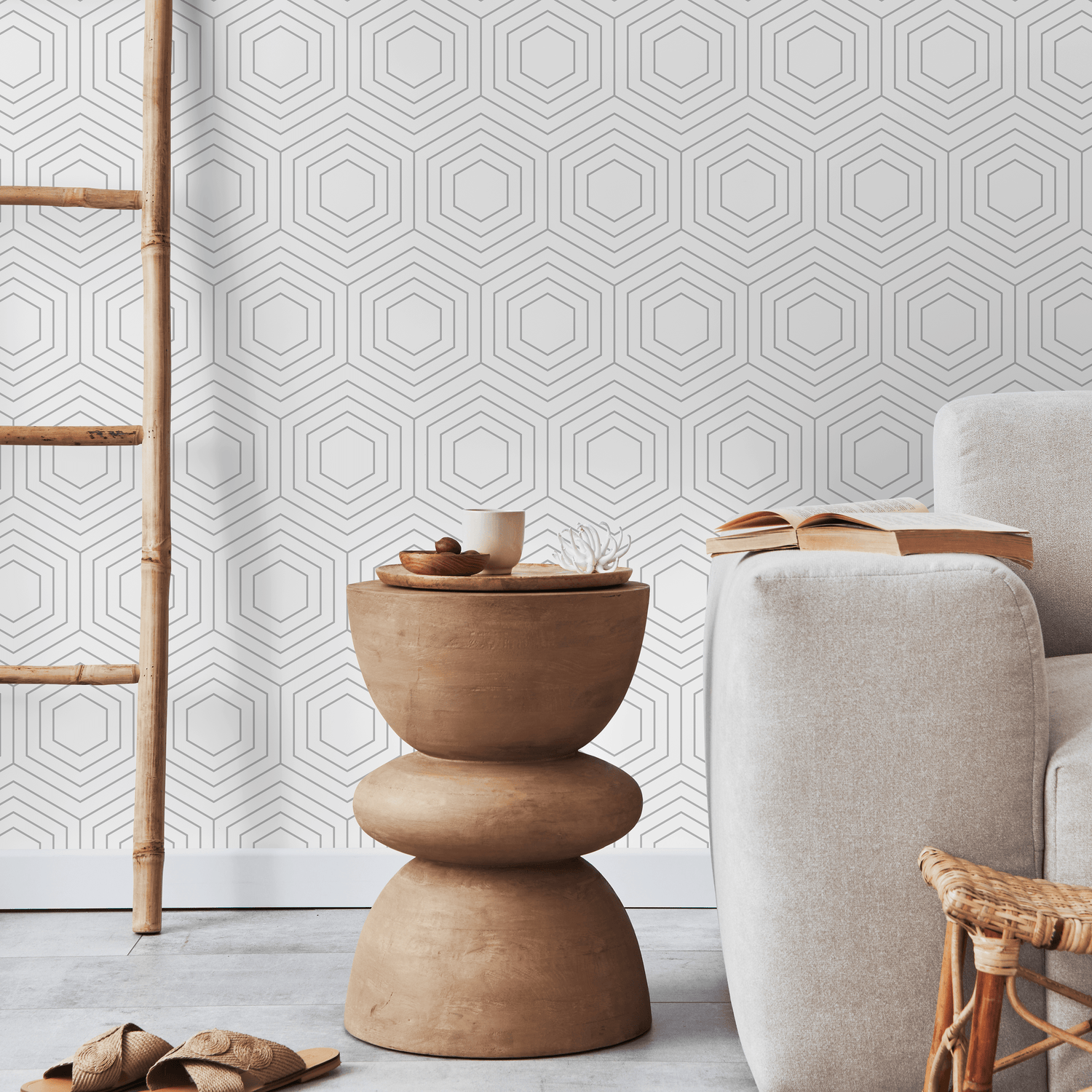 Geometric Wallpaper with a Hexagon Line Pattern in Gray - A453