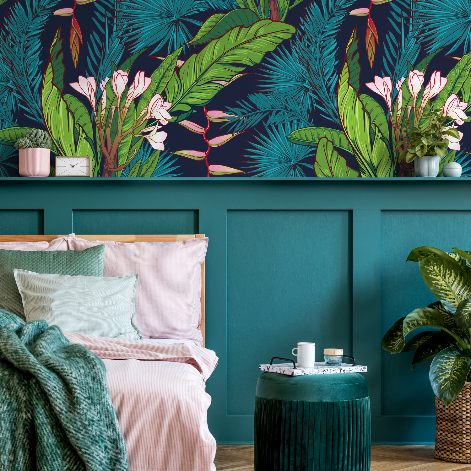 Tropical Wallpaper with Lush Jungle Leaves in Navy Blue, Green, and Teal - A469