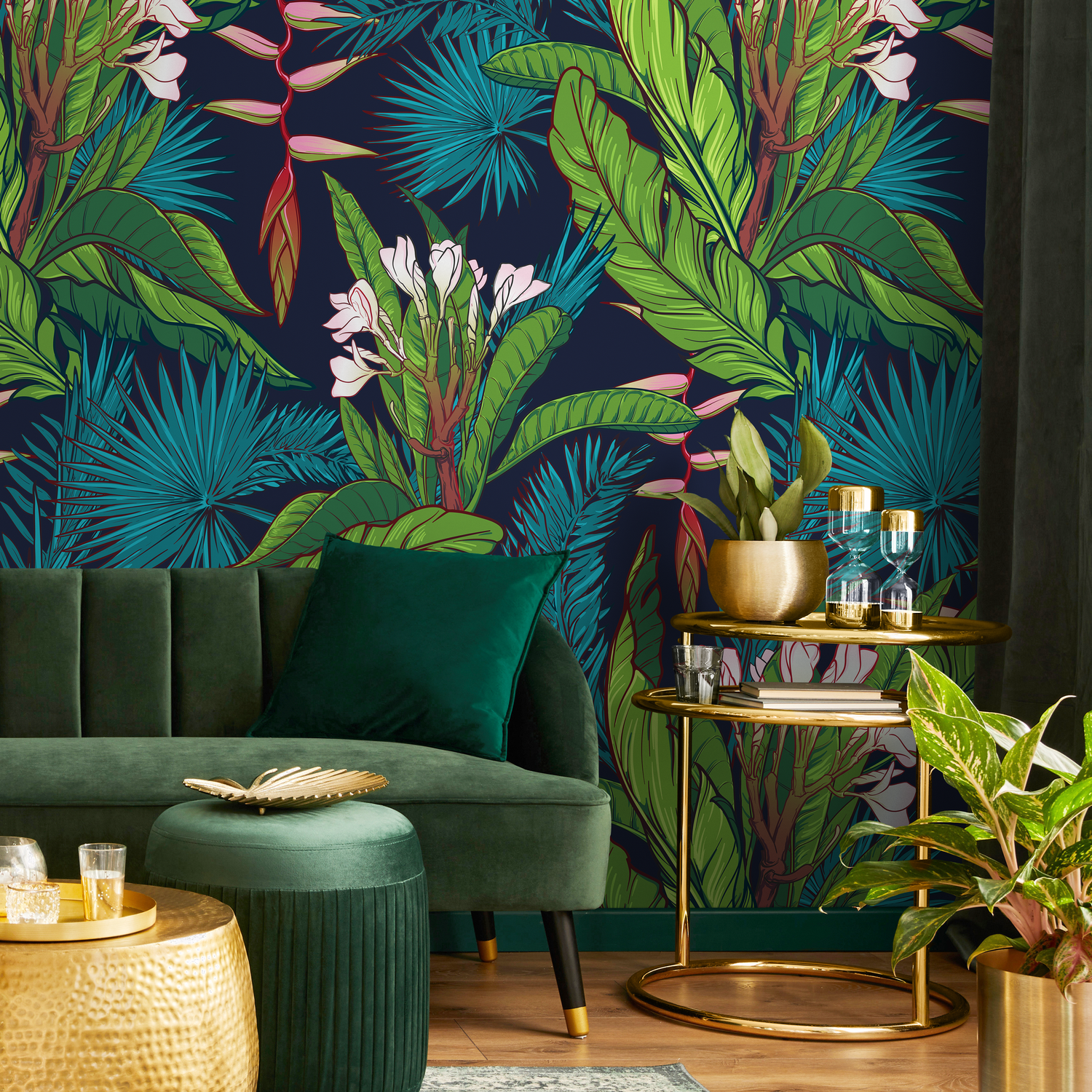 Tropical Wallpaper with Lush Jungle Leaves in Navy Blue, Green, and Teal - A469