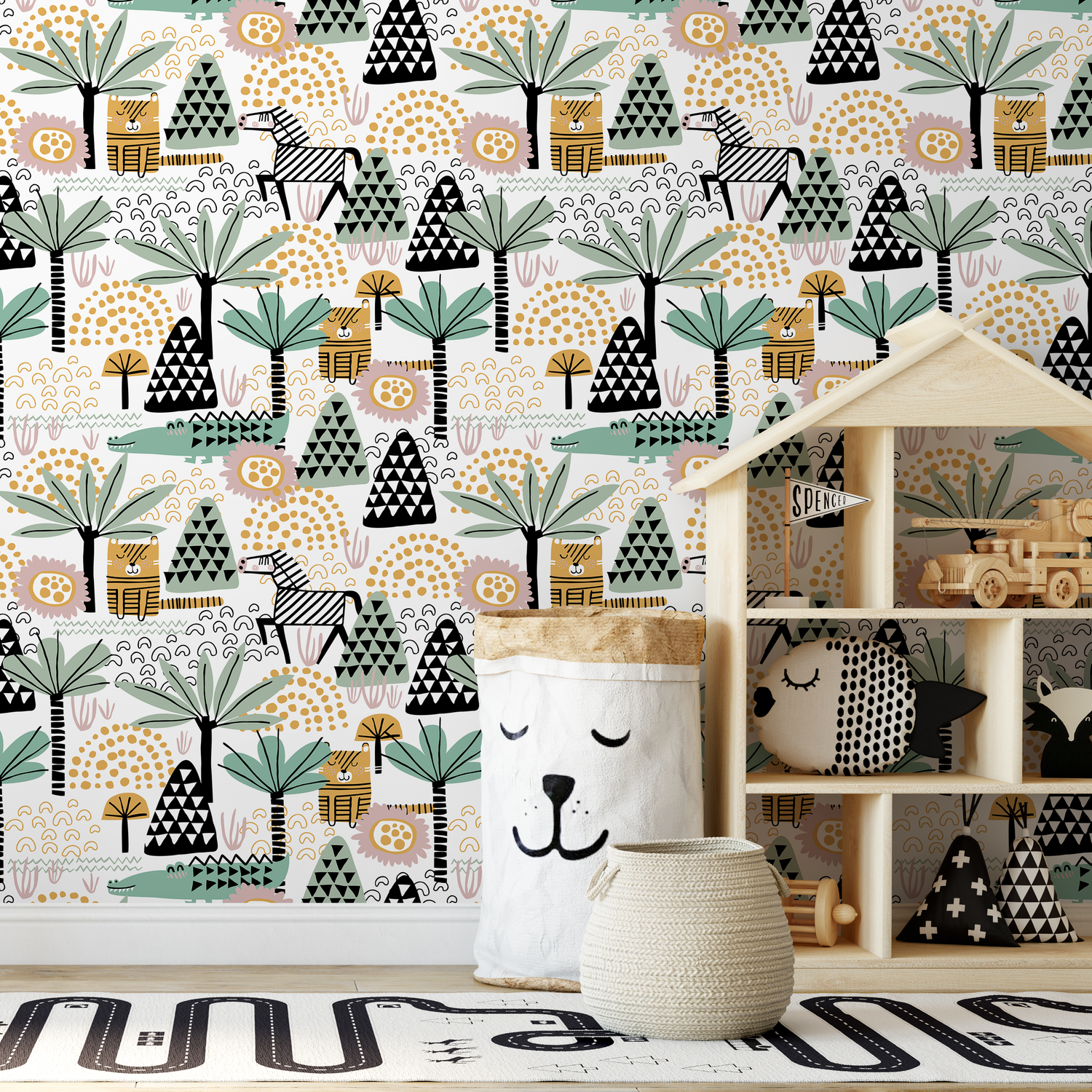 Jungle Wallpaper with Stylized Tigers and Palms in Green and Ochre - A492