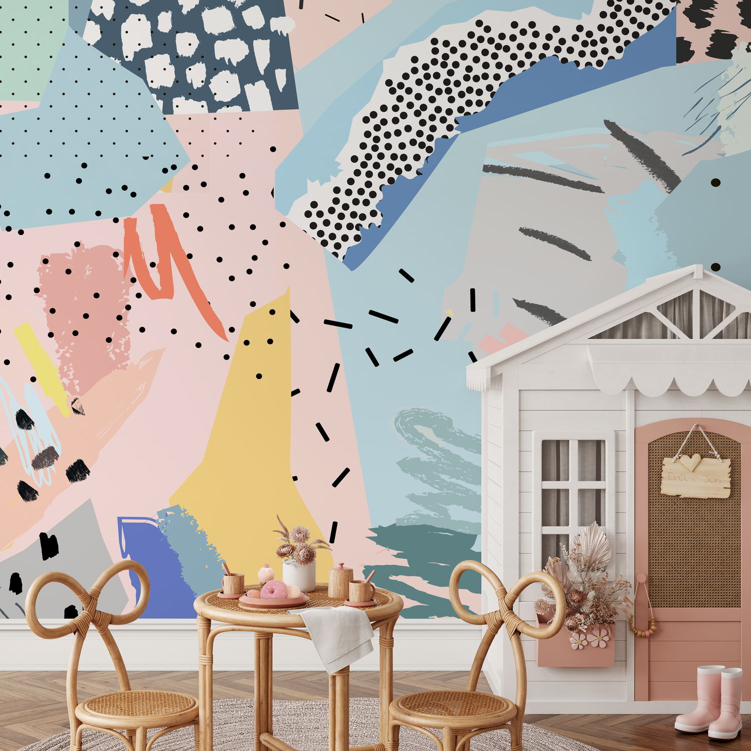 Abstract Wallpaper with a Pop Art Collage in Pink, Blue, and Yellow - A521