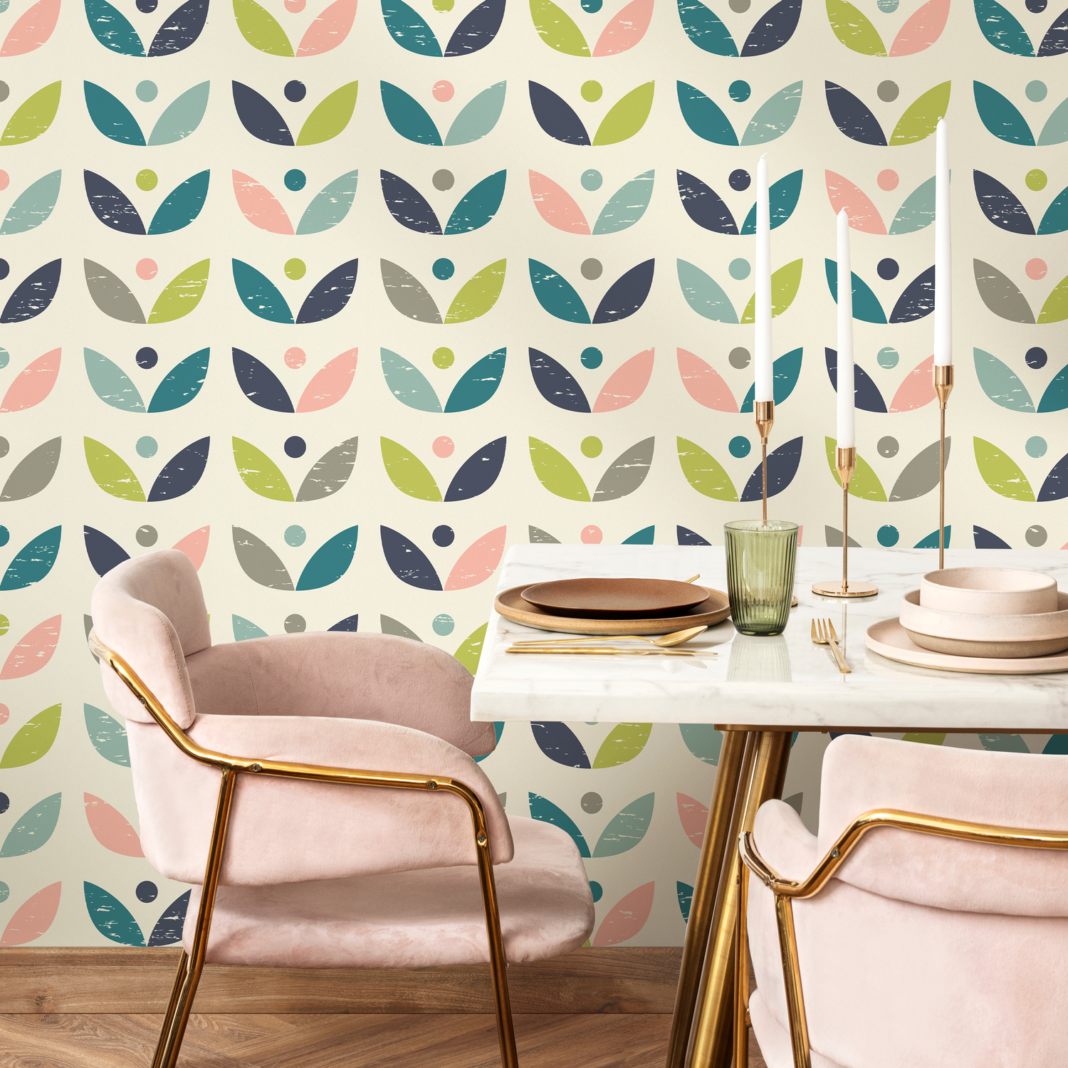 Scandinavian Wallpaper with a Geometric Petal Motif in Teal, Pink, and Green - A523