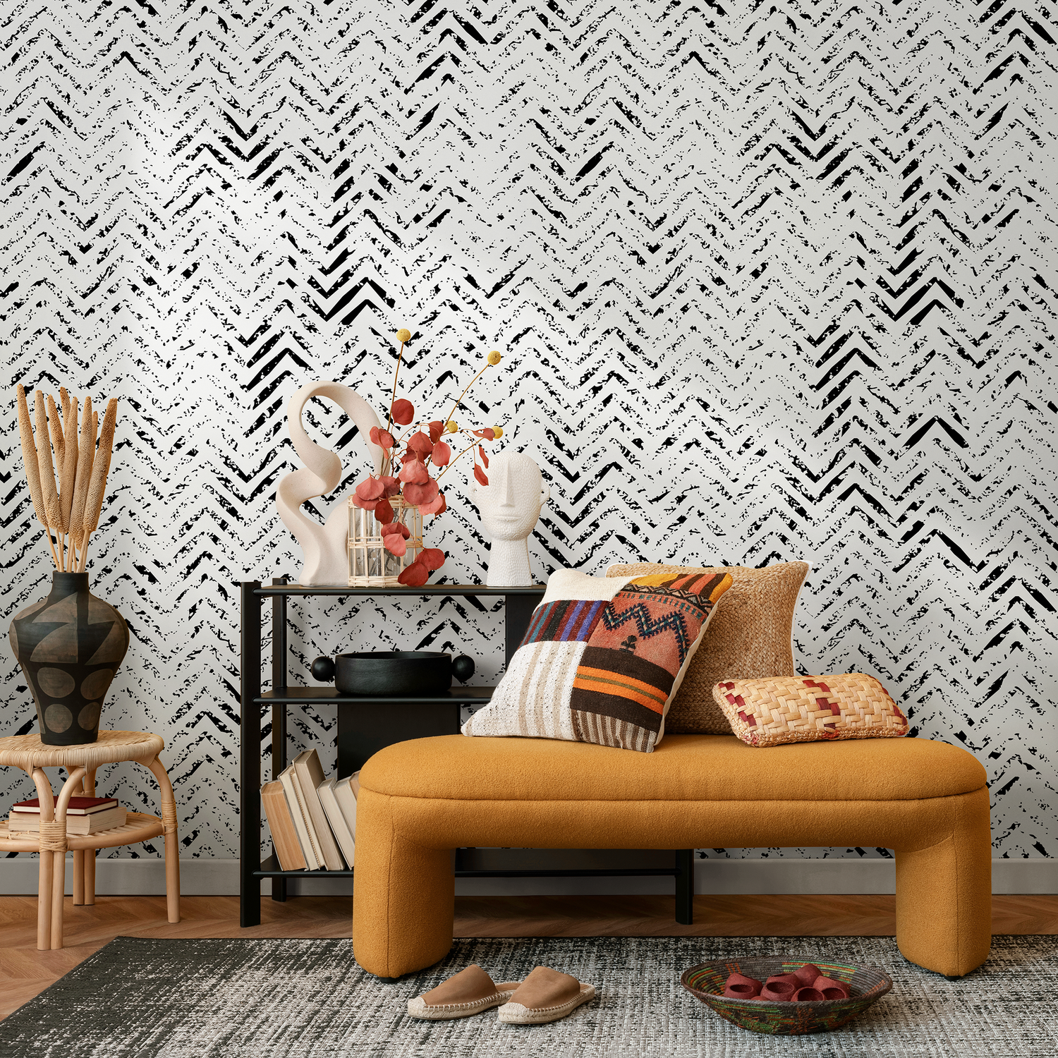 Abstract Wallpaper with a Distressed Herringbone Motif in Black and White - A559