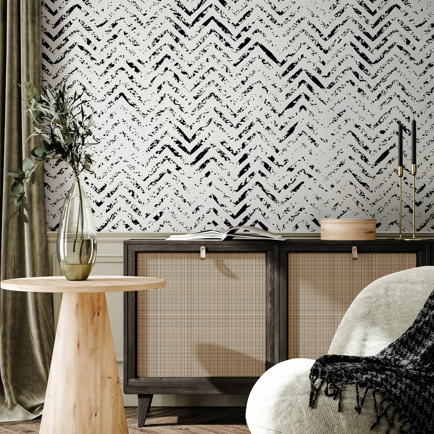 Abstract Wallpaper with a Distressed Herringbone Motif in Black and White - A559