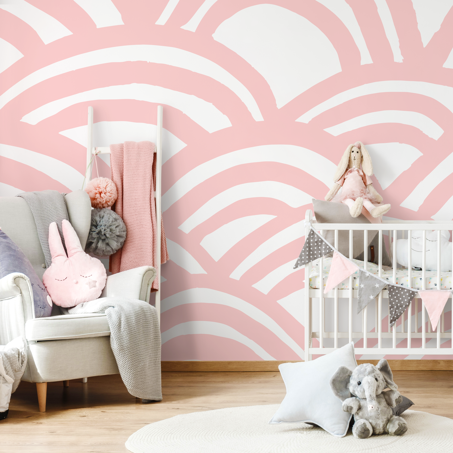 Abstract Wallpaper Featuring Bold Painted Arcs in Pink and White - A568