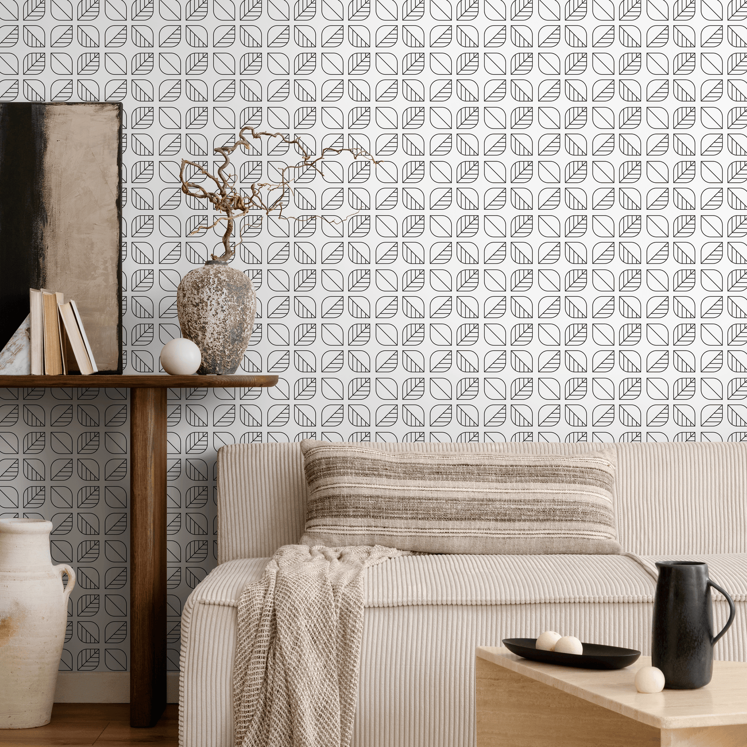 Geometric Wallpaper with a Scandinavian Leaf Motif in Black and White - A588