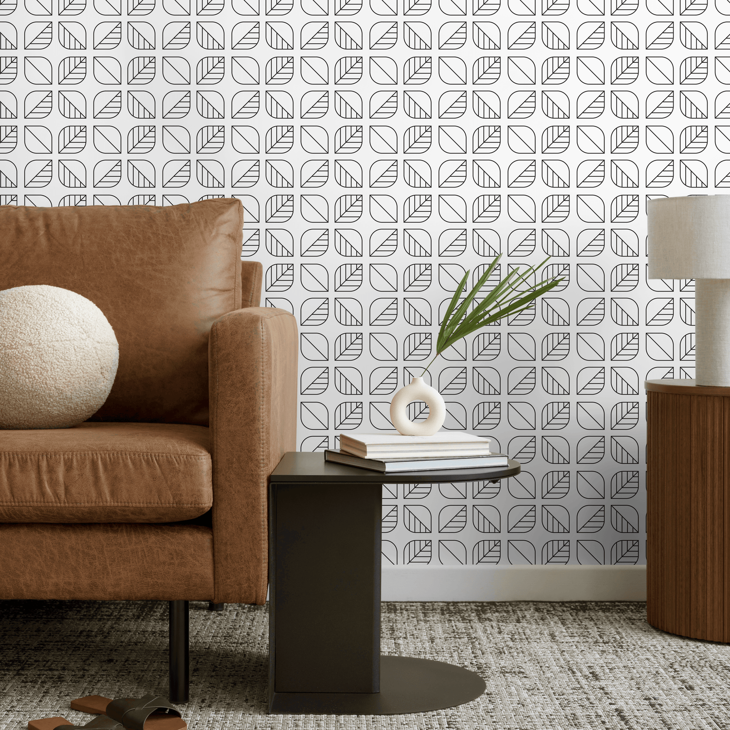 Geometric Wallpaper with a Scandinavian Leaf Motif in Black and White - A588