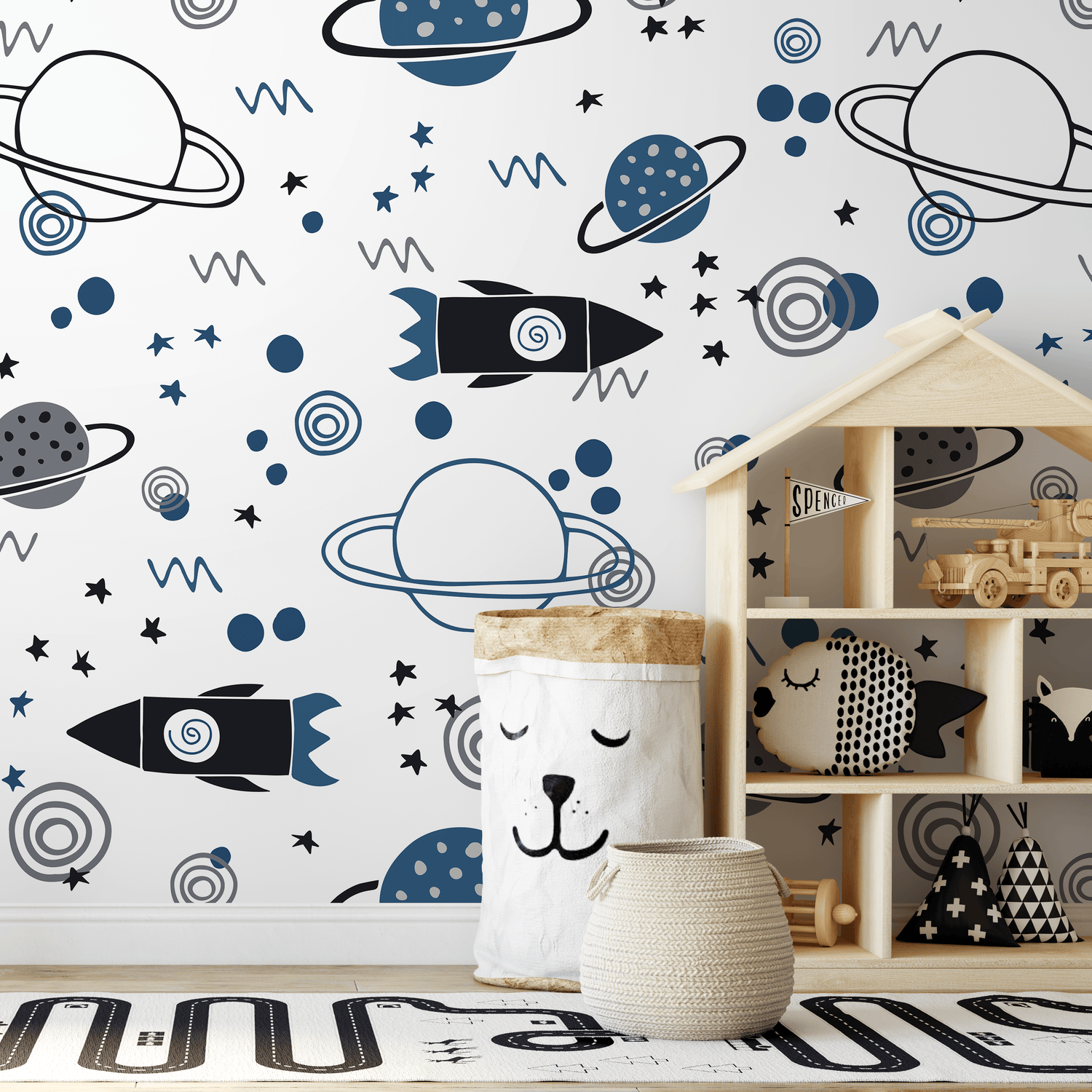 Kids Wallpaper with Rockets and Planets in Blue, Grey, and Black - A607