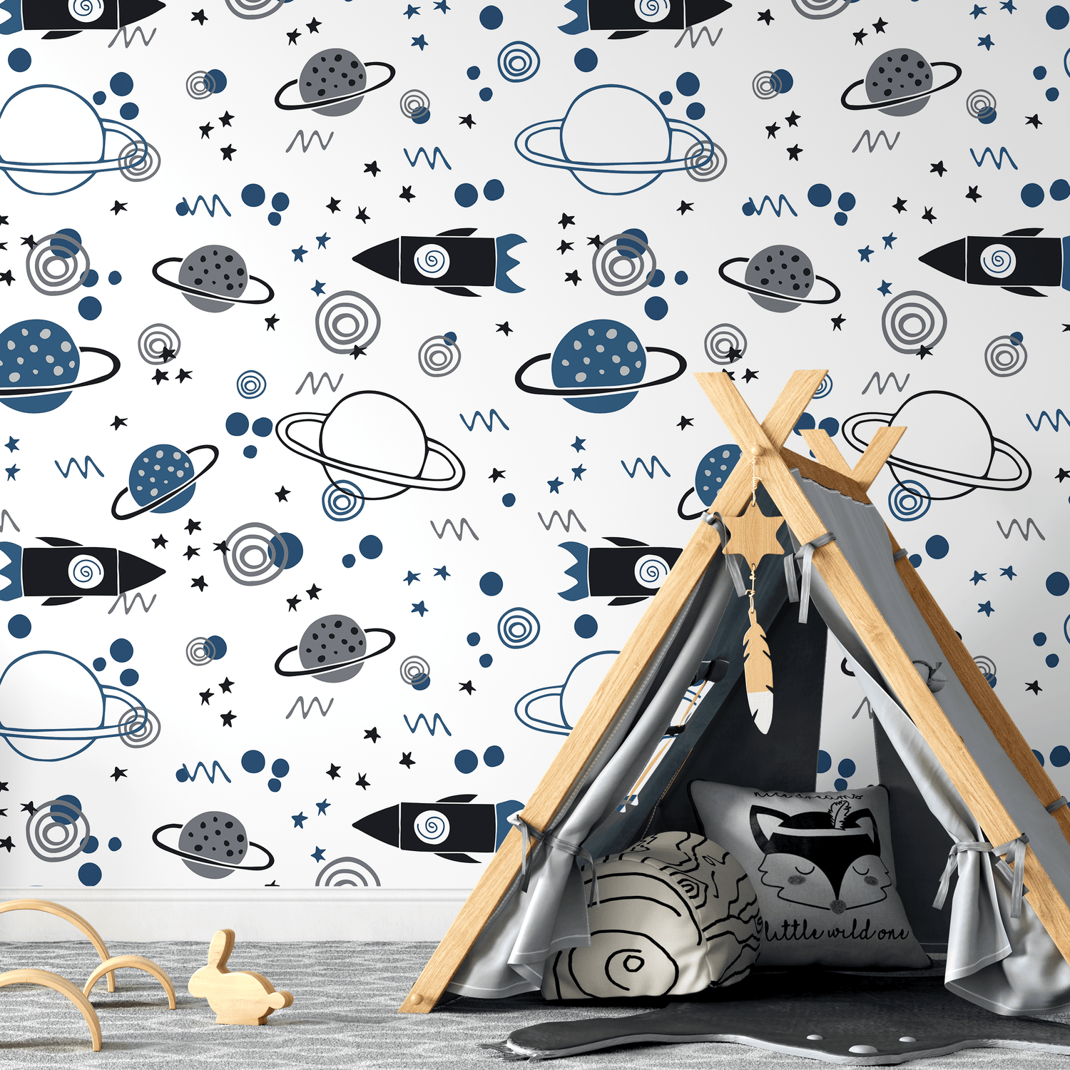 Kids Wallpaper with Rockets and Planets in Blue, Grey, and Black - A607