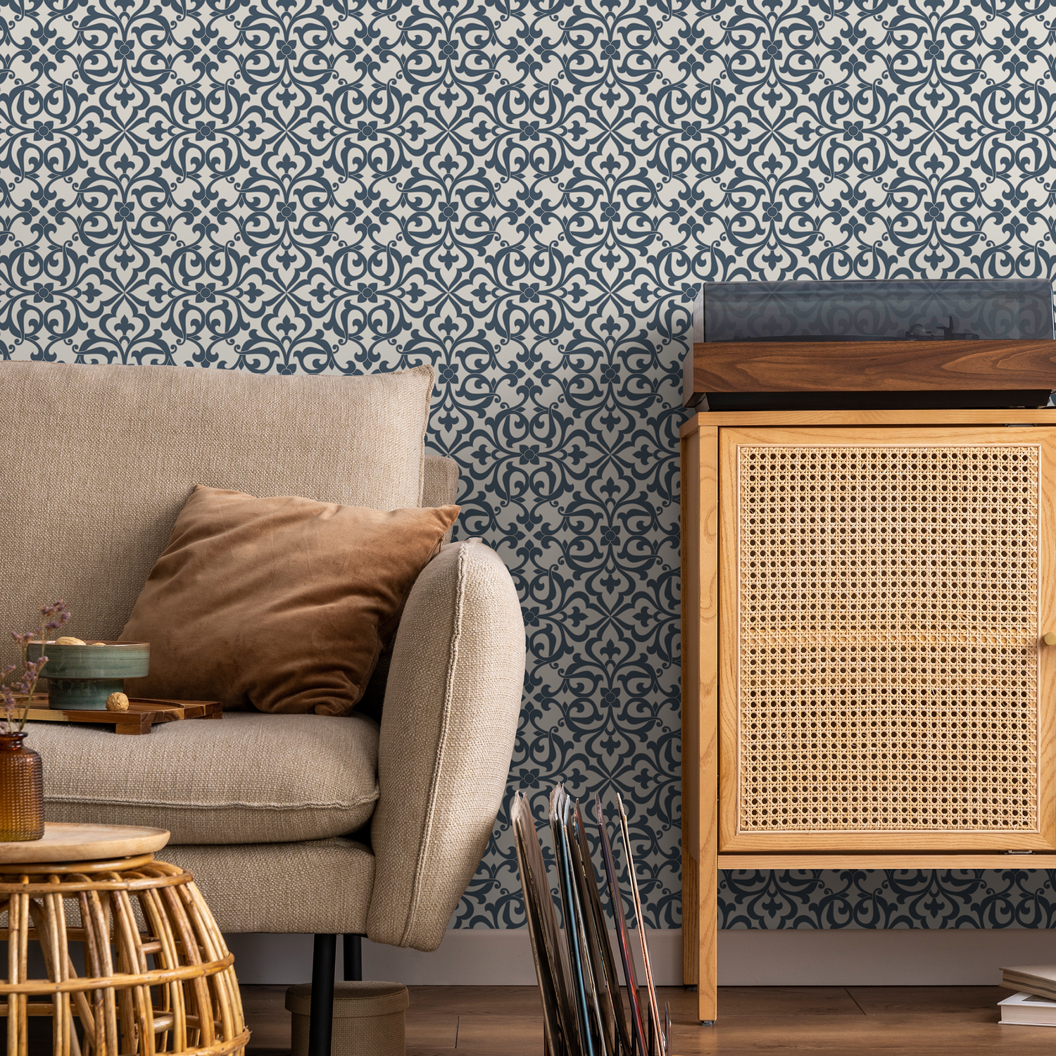 Vintage Wallpaper with an Intricate Damask Motif in Blue and Light Beige - A611