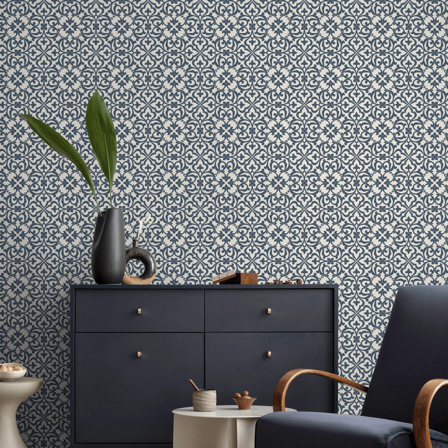 Vintage Wallpaper with an Intricate Damask Motif in Blue and Light Beige - A611