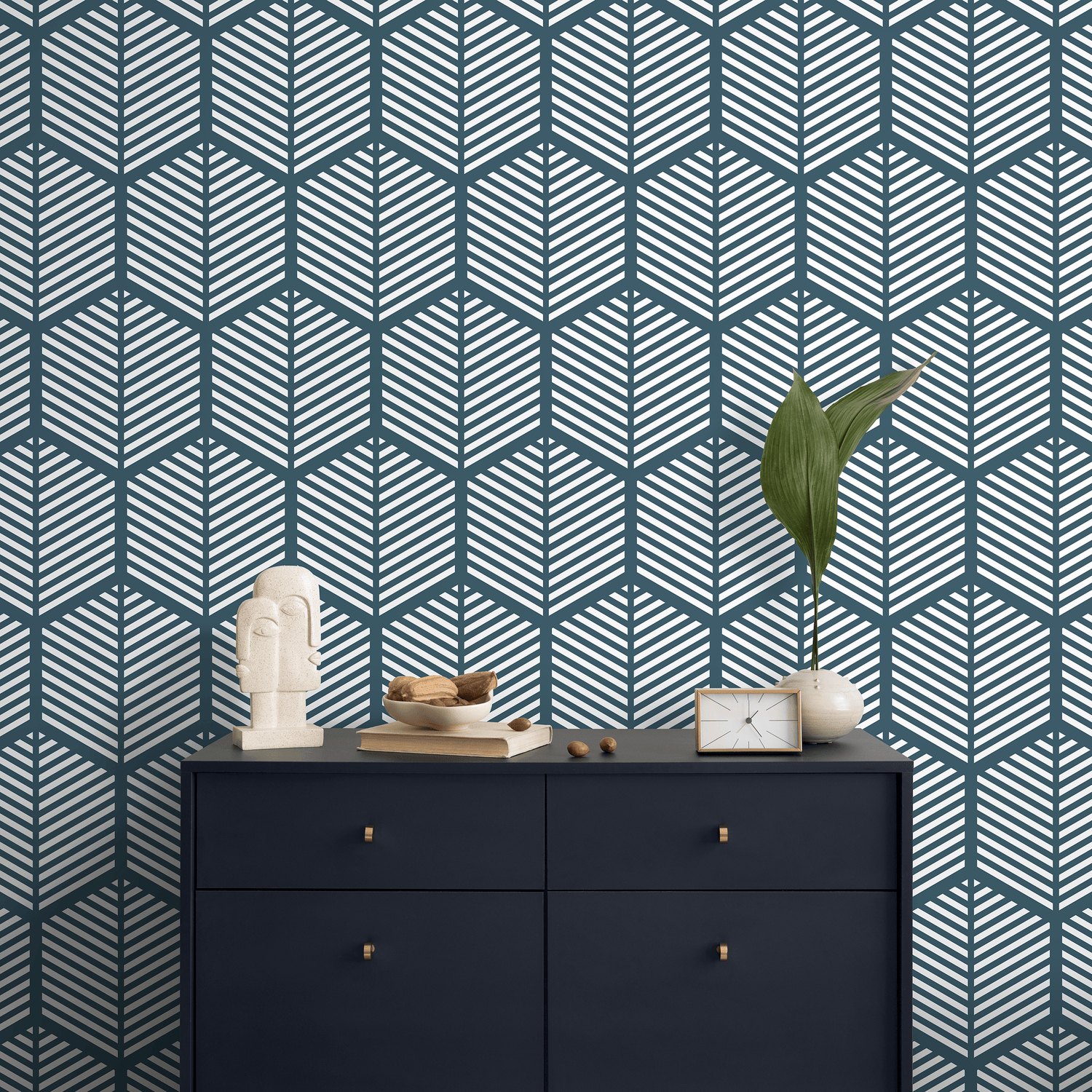 Geometric Wallpaper with a Stylized Leaf Motif in Blue and White - A616