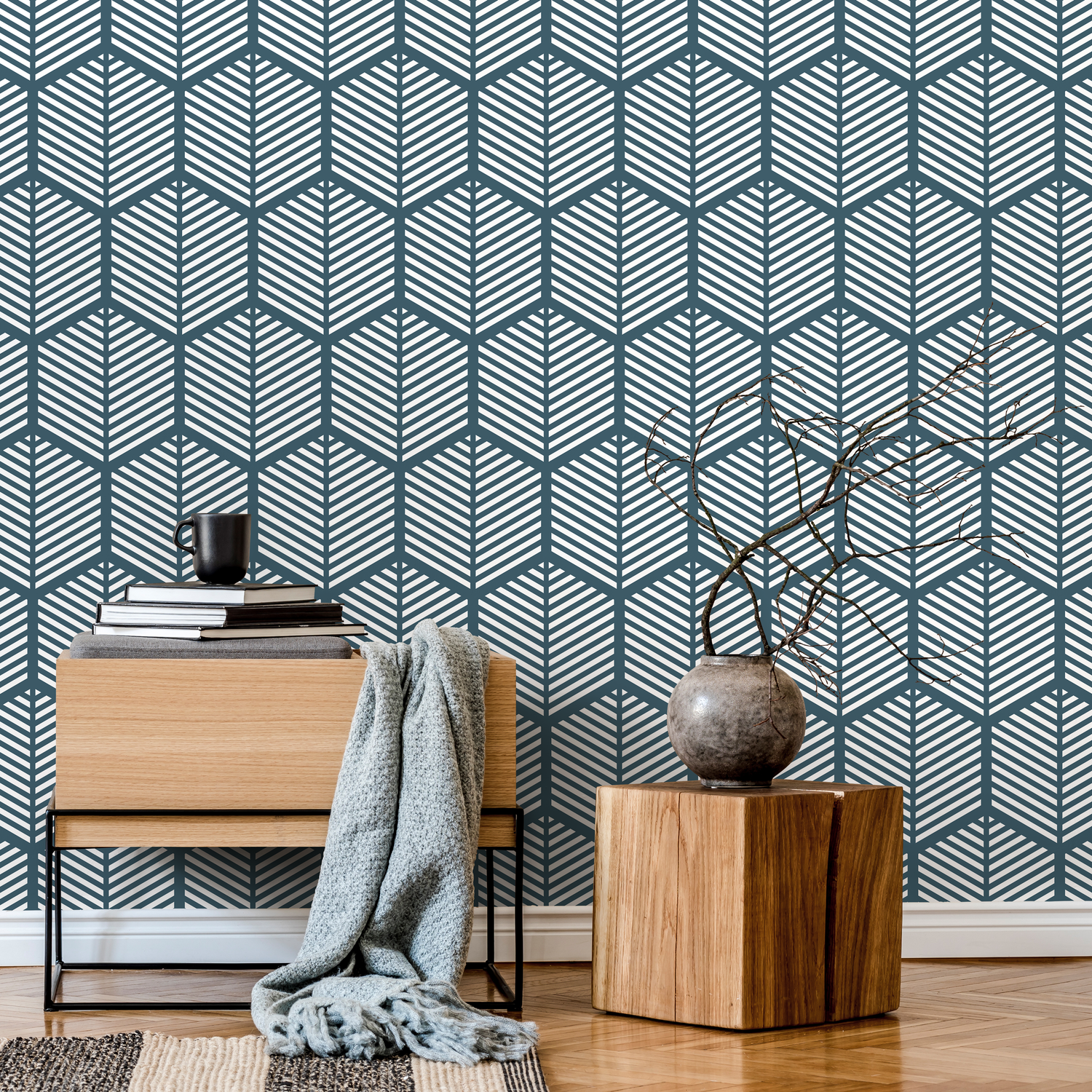 Geometric Wallpaper with a Stylized Leaf Motif in Blue and White - A616