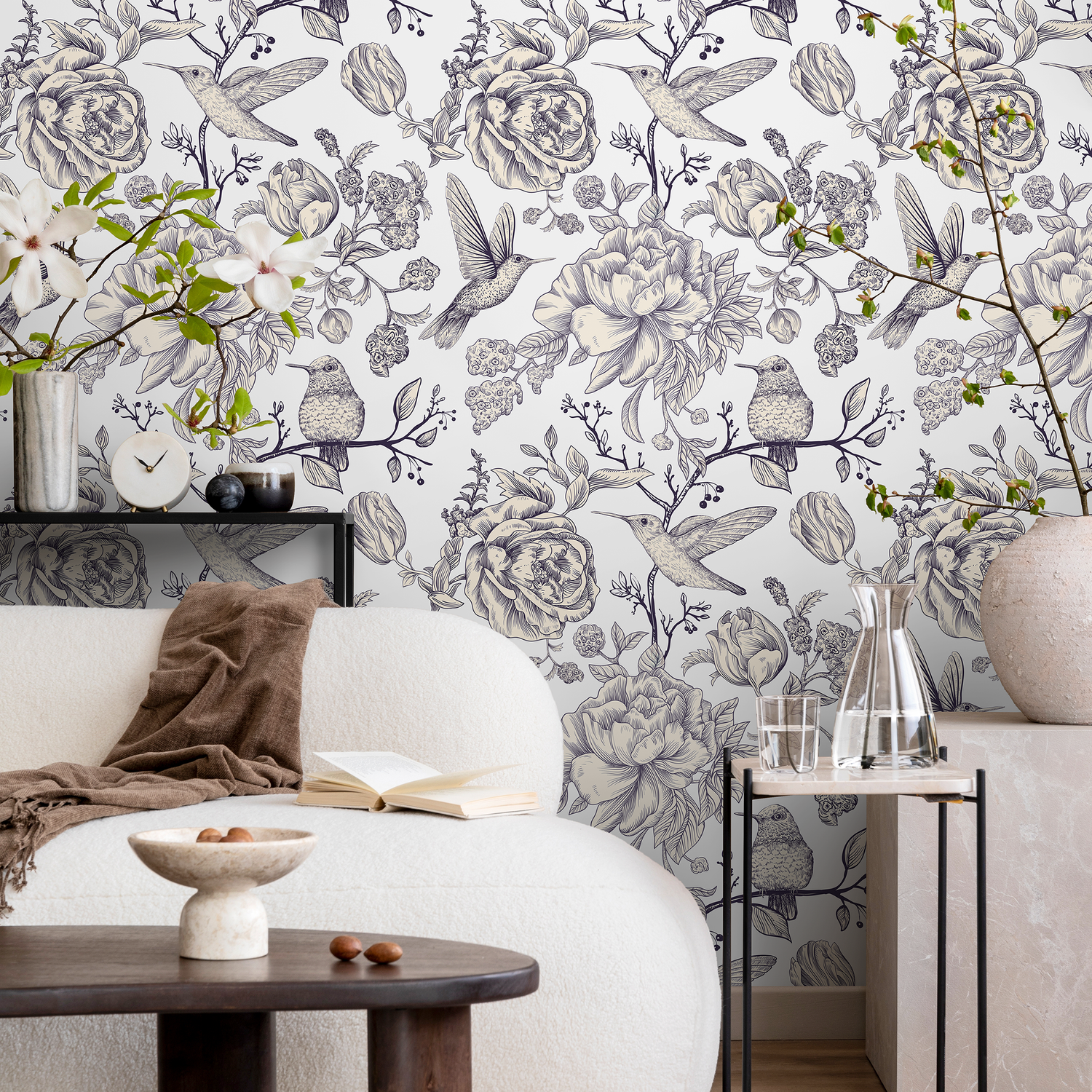 Vintage Floral Wallpaper with Hummingbirds and Peonies in Navy Blue - A627
