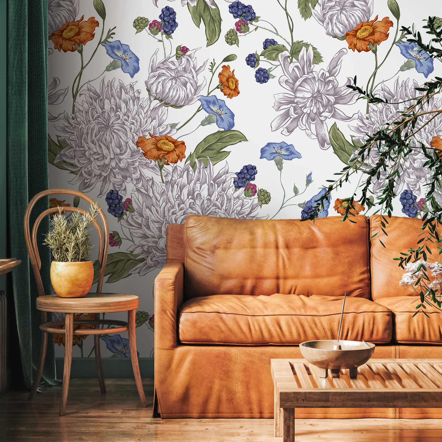 Floral Wallpaper with Vintage Chrysanthemums in Purple, Orange, and Blue - A628