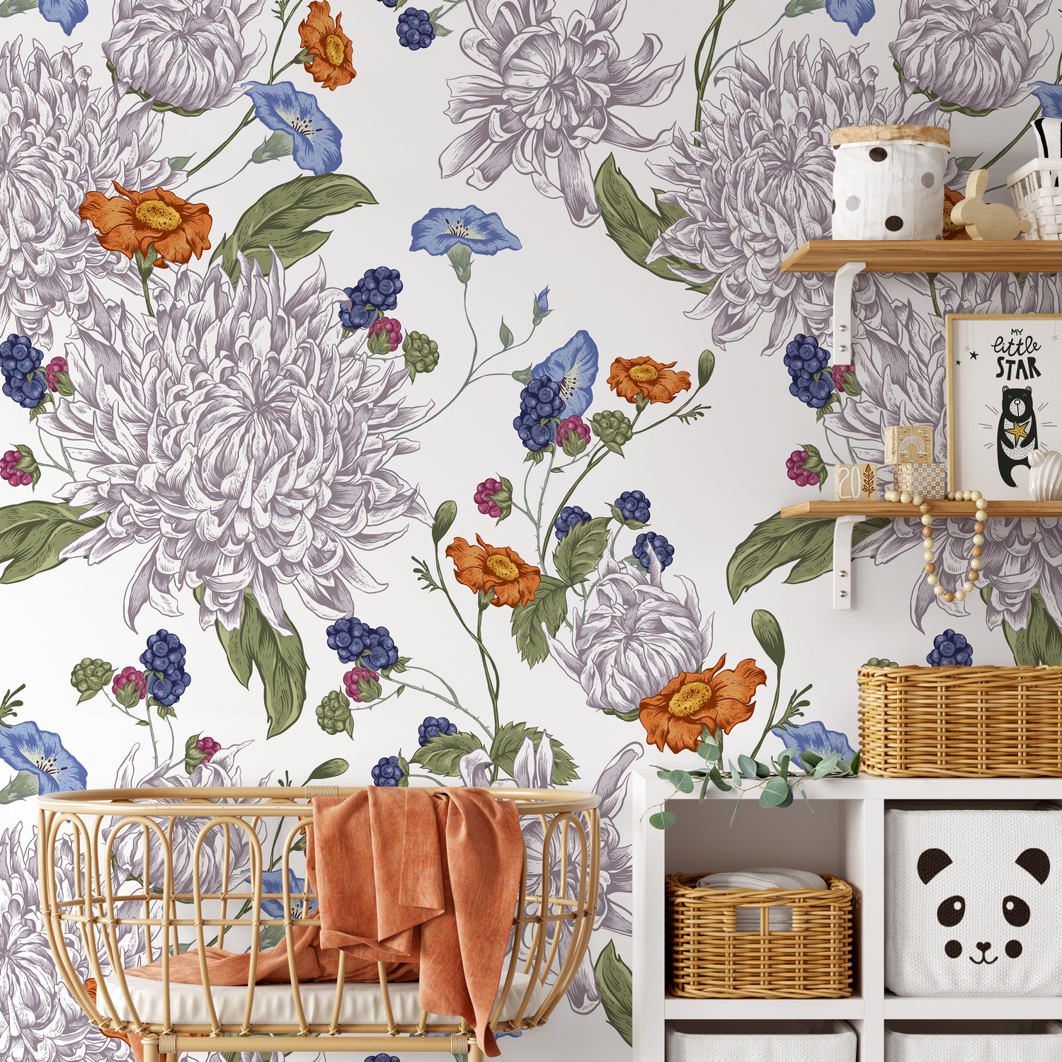 Floral Wallpaper with Vintage Chrysanthemums in Purple, Orange, and Blue - A628