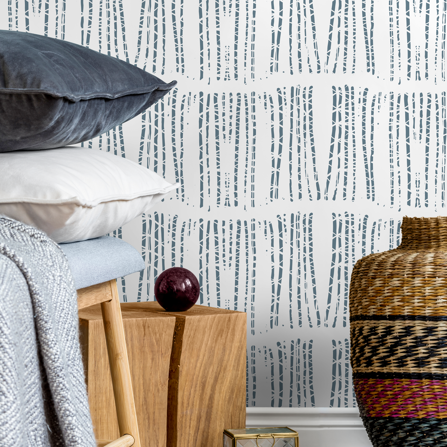 Scandinavian Wallpaper with a Textured Stripe Motif in Grayish Blue - A633