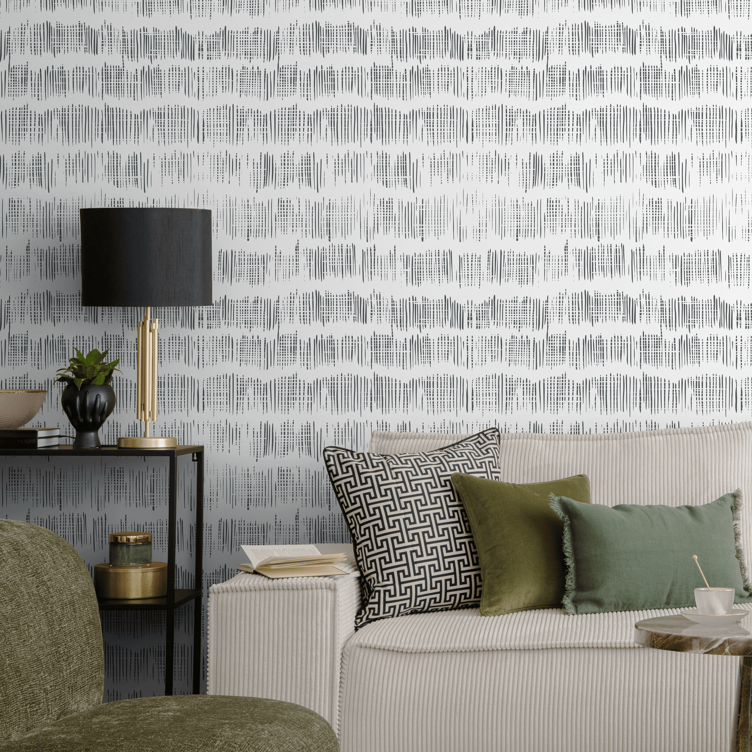 Abstract Wallpaper with Wavy Hatched Lines in Black and White - A636