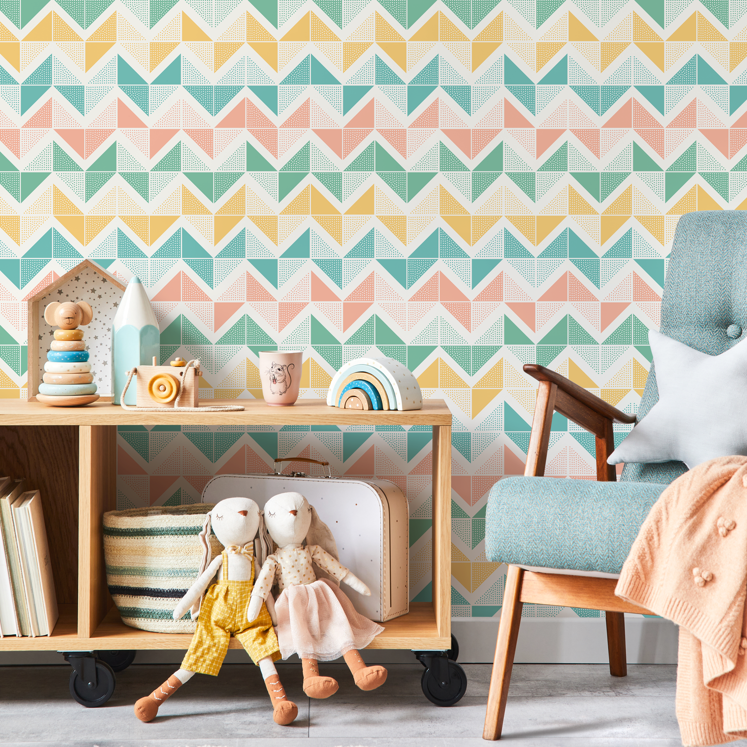 Geometric Wallpaper with Dotted Triangles in Pink, Yellow, and Teal - A639